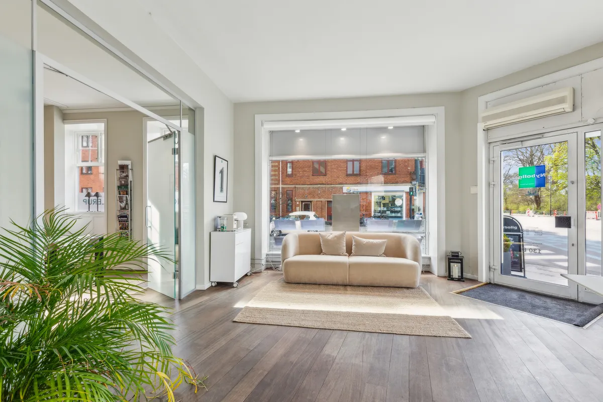 Lejlighed med moderne møbler, beige sofa, to pudser, plante og glasdøre i Strandvejen 130E, Hellerup.
