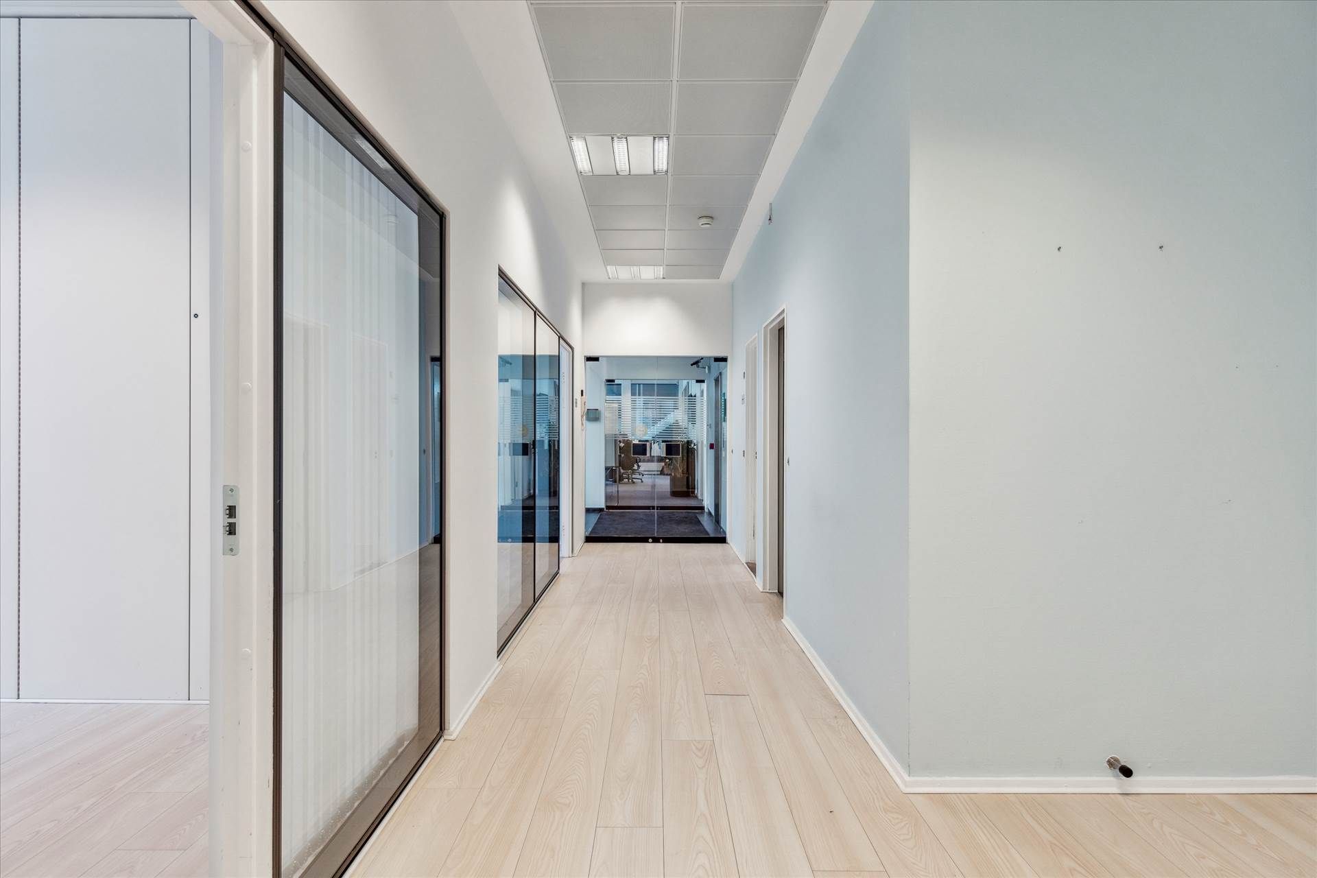 Lang og smal gang med lysegul trægulv og hvide vægge samt høje, glasede døre til rum med vinduer og møbler