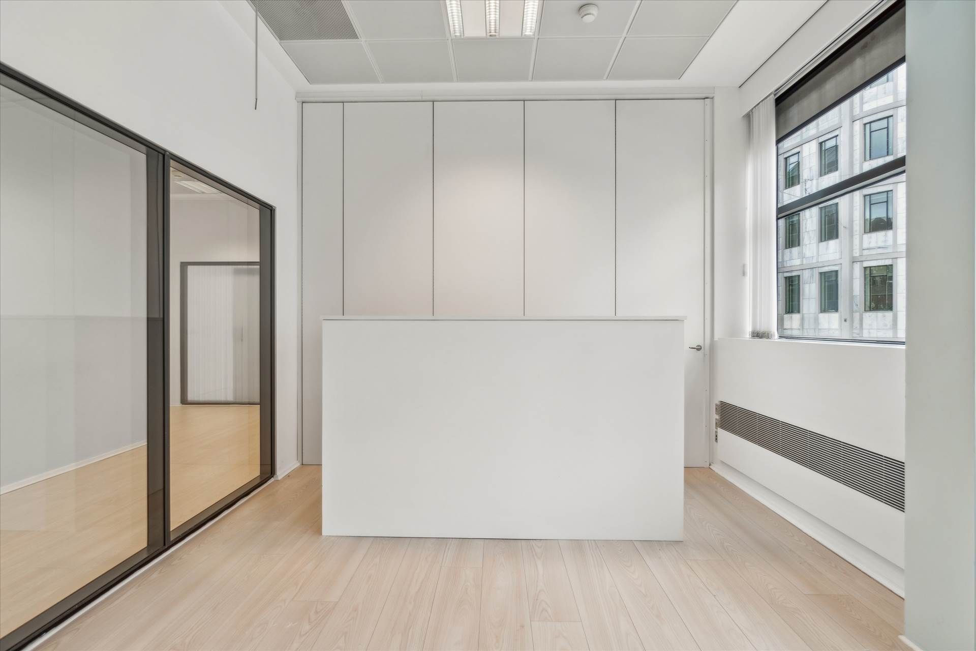 En stor og lys stue med hvide vægge og hårdt trægulv. Store glasdøre og vinduer giver meget lys ind. En hvid reception med