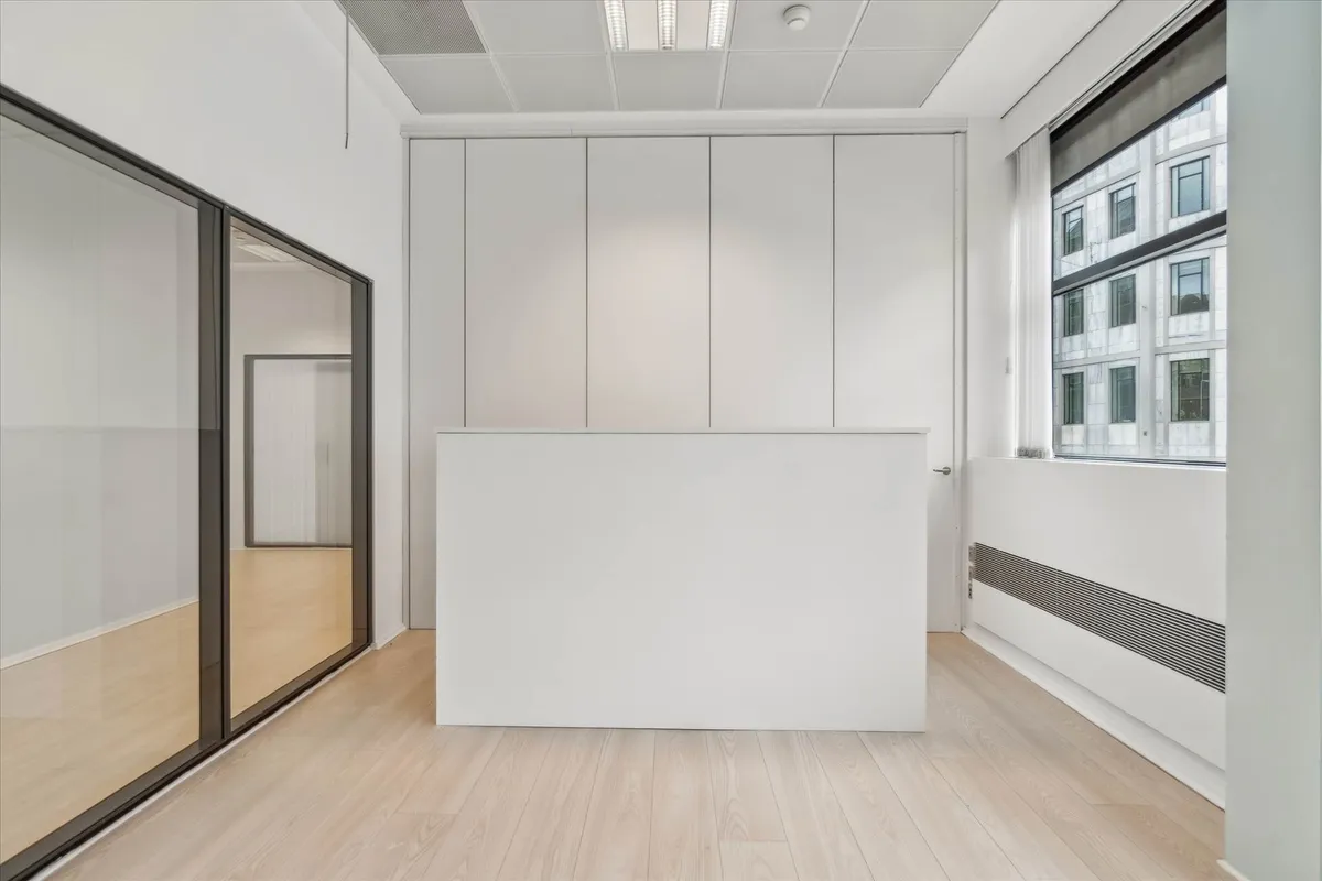 En stor og lys stue med hvide vægge og hårdt trægulv. Store glasdøre og vinduer giver meget lys ind. En hvid reception med