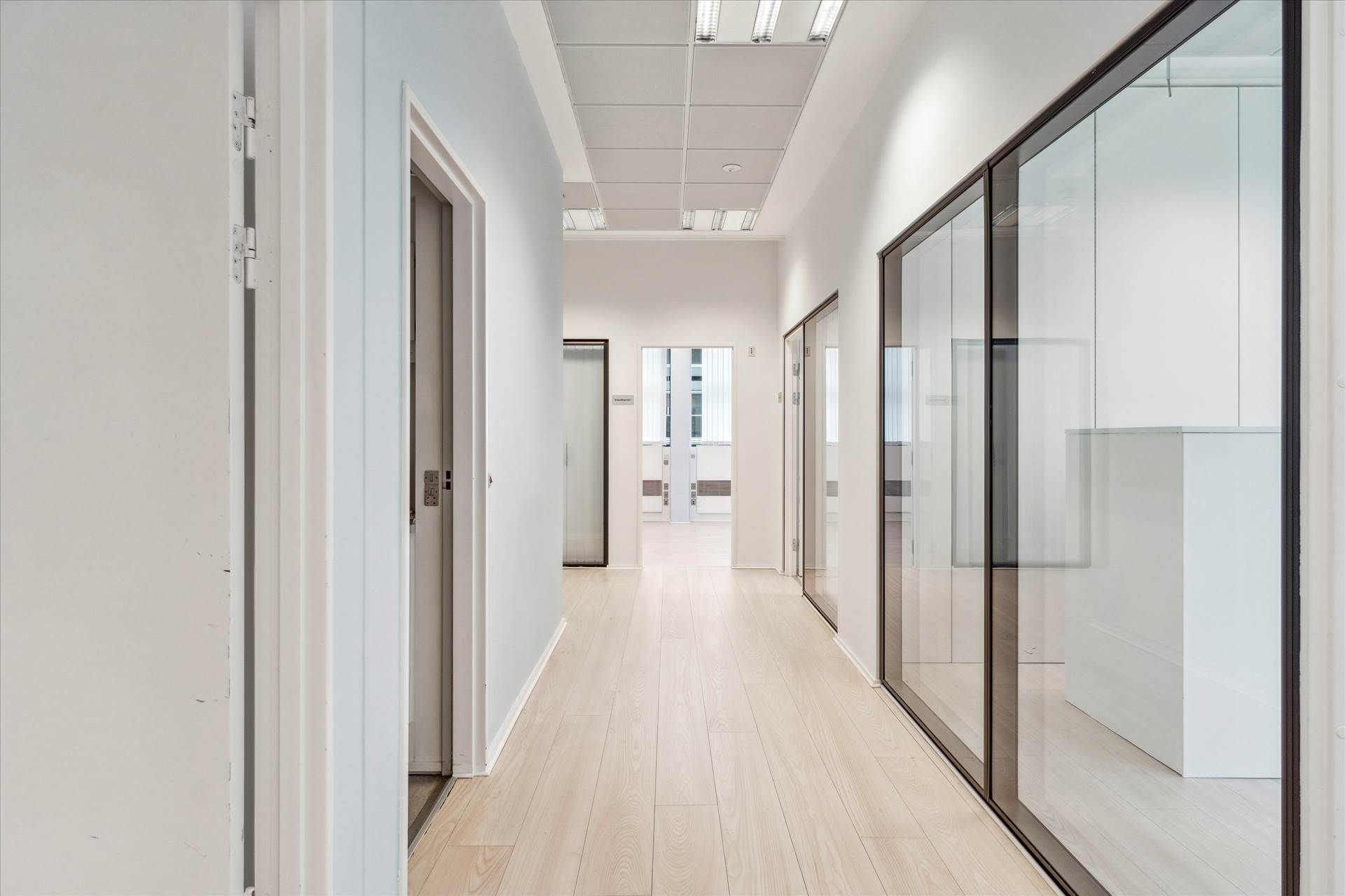 En lys og rummelig korridor med hvide vægge, glasvinduer og lyse trægulve. Stærkt fokus på moderne og minimalistisk design