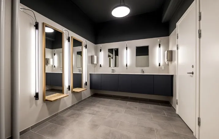Elegant designet toiletrum med hvide vægge, moderne spejle og lyse armaturer, samt lysegrå gulvfliser og mørke træhylder