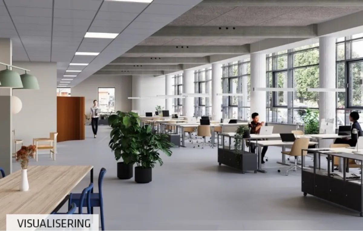 Kontorlokaler med lyse lofter, plantager og moderne møbler. Folk arbejder i stilhed og ro på deres borde med computere.