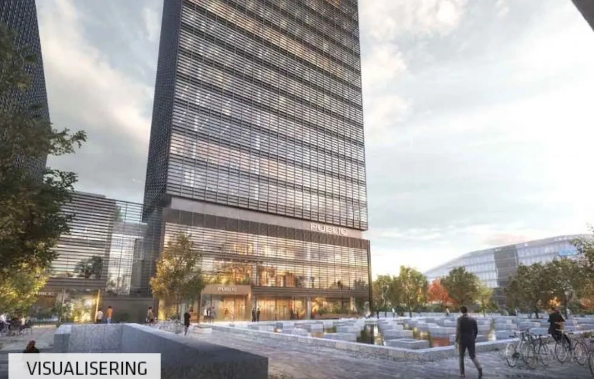 Kontorlejemål på 934 m² i The Garden med moderne interiør og smukke eksteriørdetaljer, som reflekterer sollys. Bygningen er