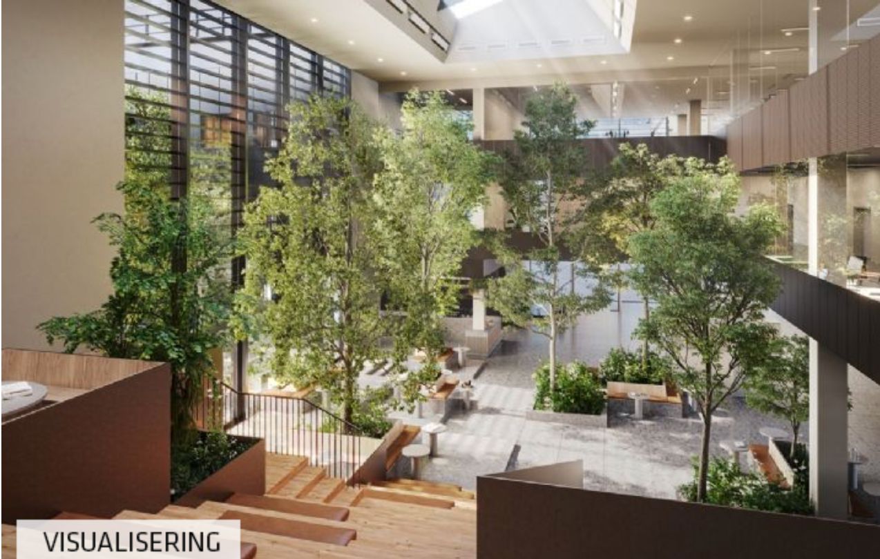 Det centrale atrium med træer og planter og et åbent område med bænke, bord og stol