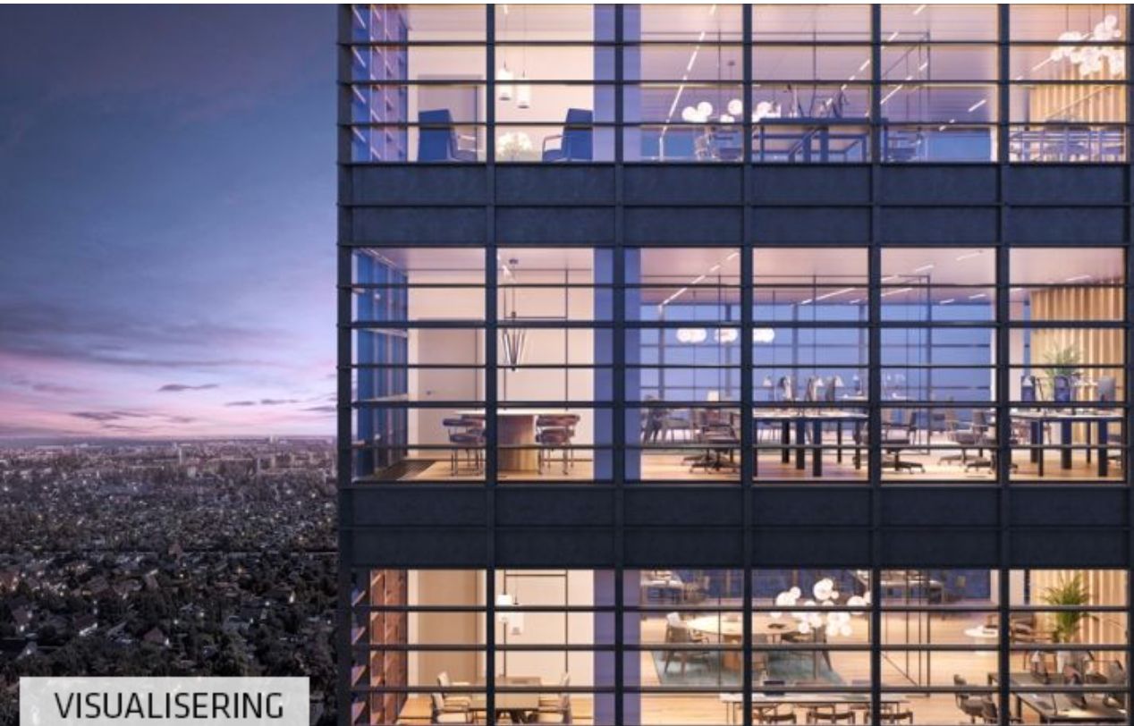 Et stort kontorstårn med gulv-til-loft-vinduer og et smagfuldt interiør med møbler og indretning i lyse farver