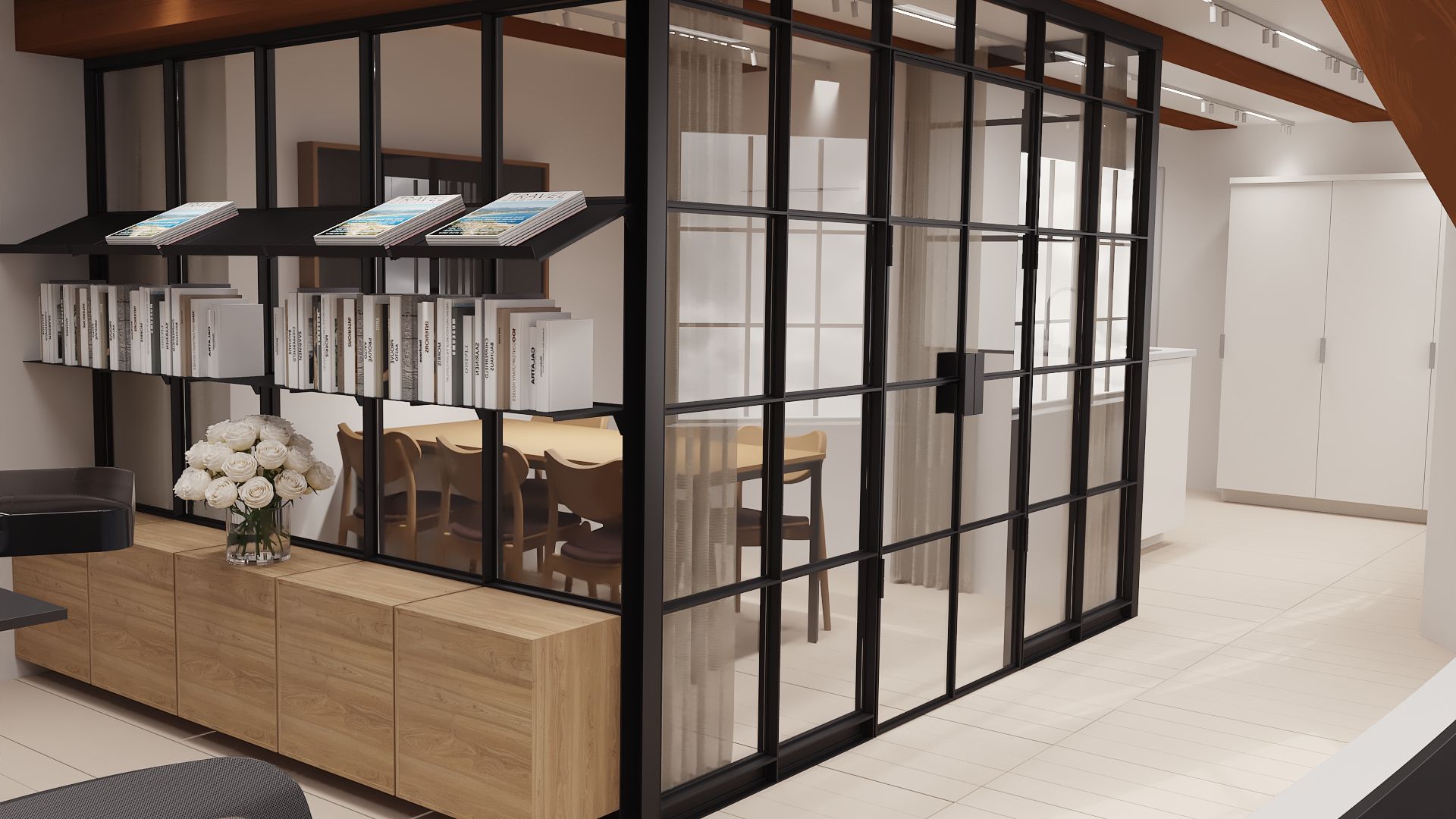 Moderne, nyrenoveret kontor med højloft og store glasvægge, indretning med hvidt og lysegråt og møbler med naturlige