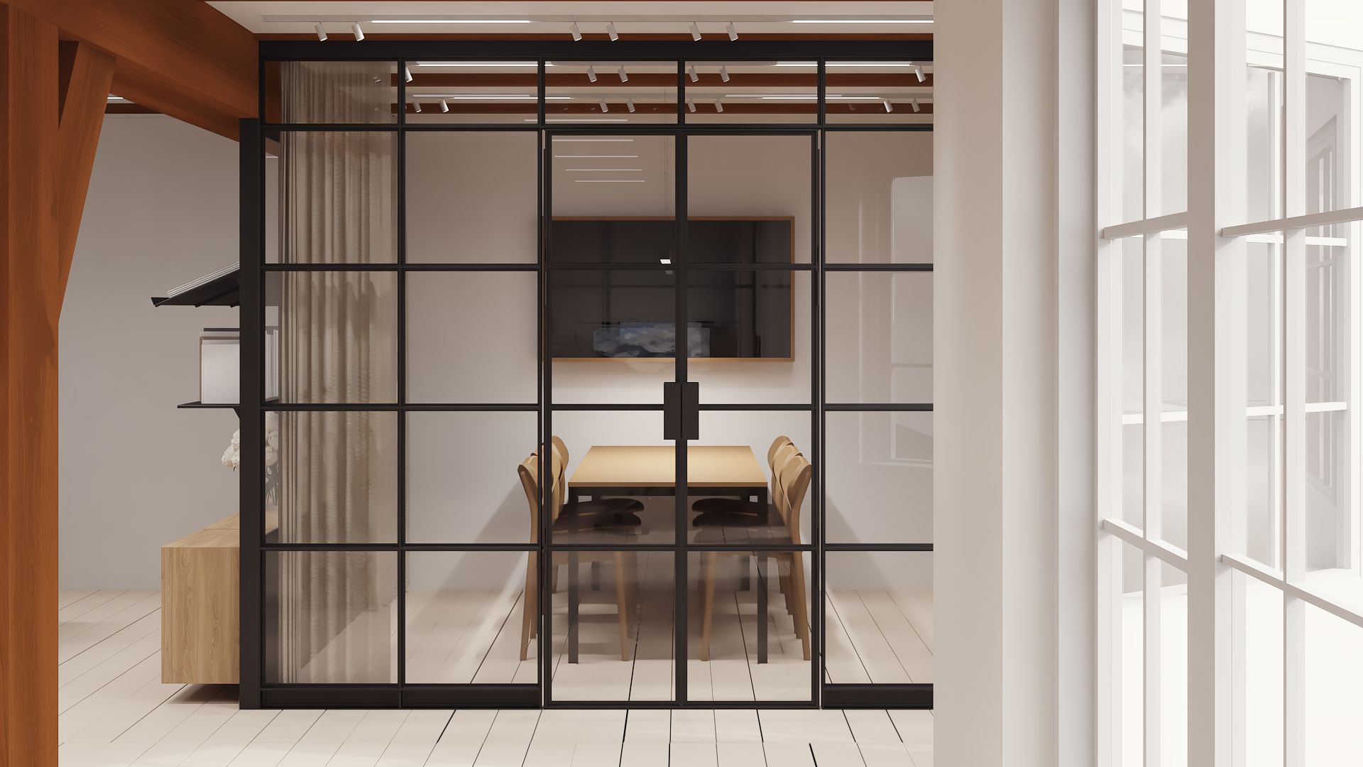 En lukket sort glasdør med rammer fører ind i et moderne kontor. Der er en bord og stole, og bag glasdøren er der en