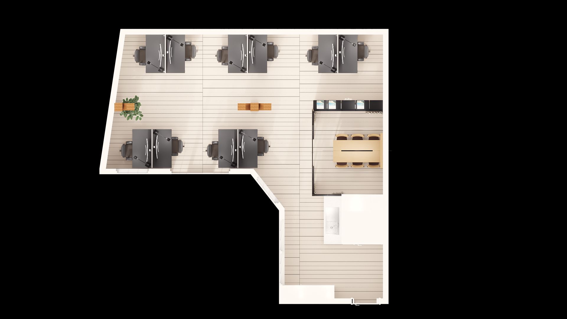 Et moderne kontor med højloft, åbne kontorpladser, skriveborde, stole, mødelokale, salgsområde og toilet.