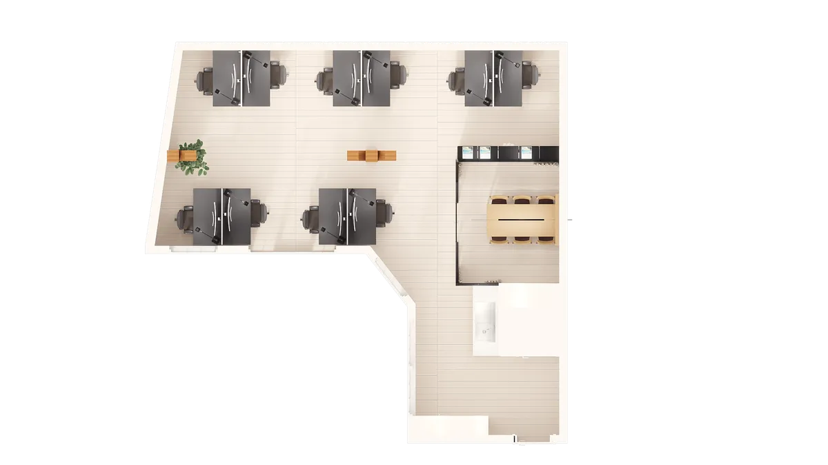 Et moderne kontor med højloft, åbne kontorpladser, skriveborde, stole, mødelokale, salgsområde og toilet.