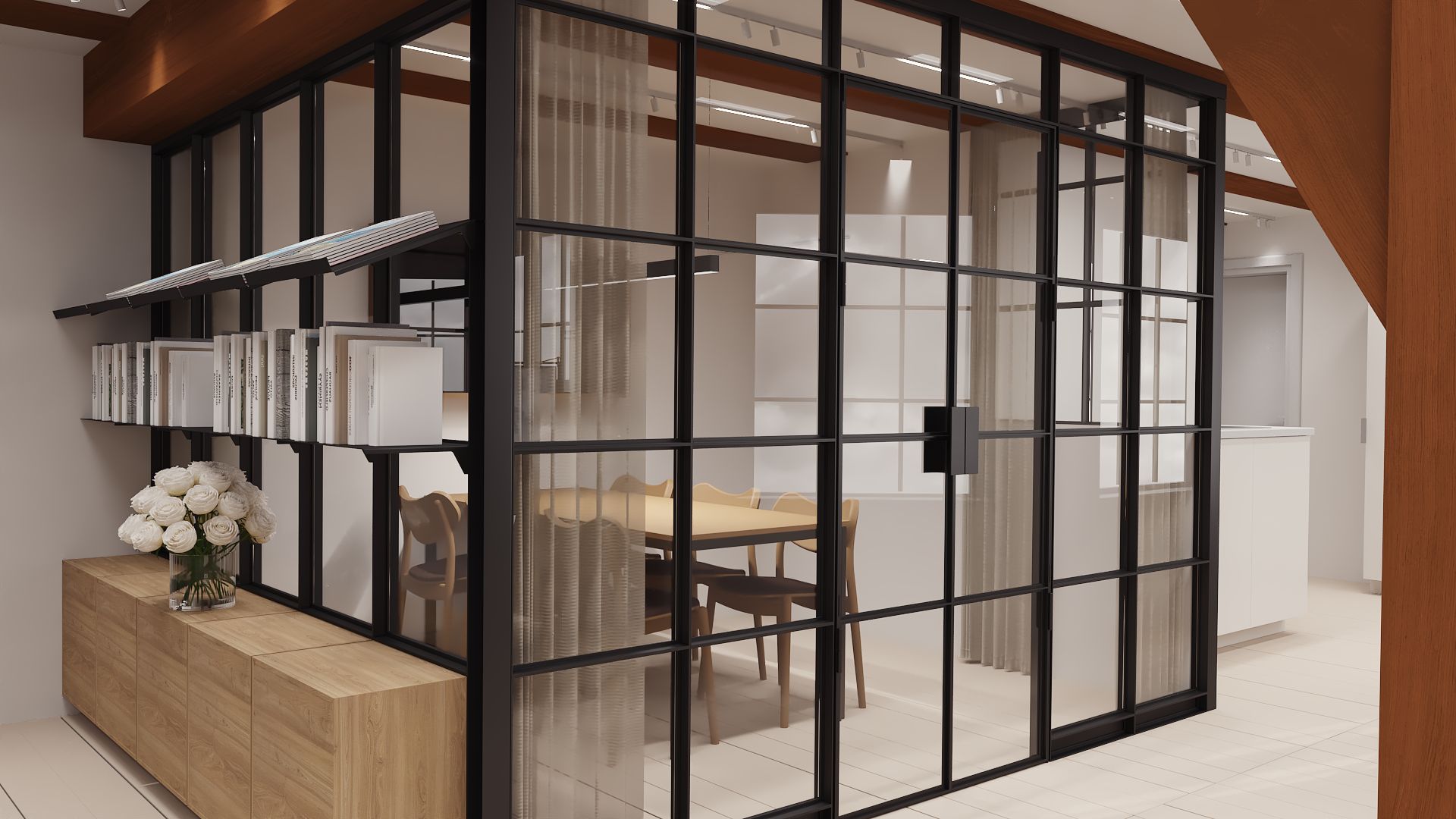 Indvendigt billede af et moderne kontor med sort glasvæg, hvid gulv og lyse møbler