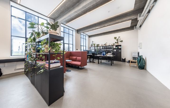 Rå fabriksstil kontor med glasvægge og sandblæste søjler, et område med ca. 48-50 arbejdspladser, hvor grønne planter skaber