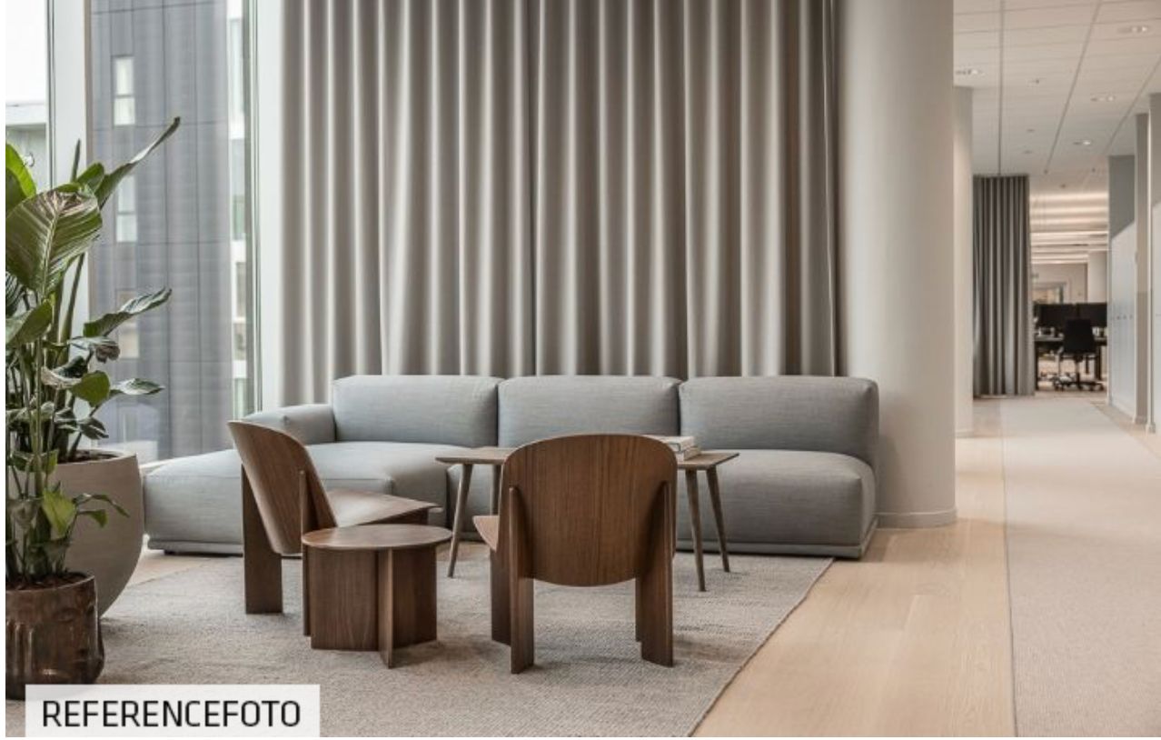 Kontor med møbler, gulvbelægning og plante, samt vinduer med udsigt til Amager Fælled