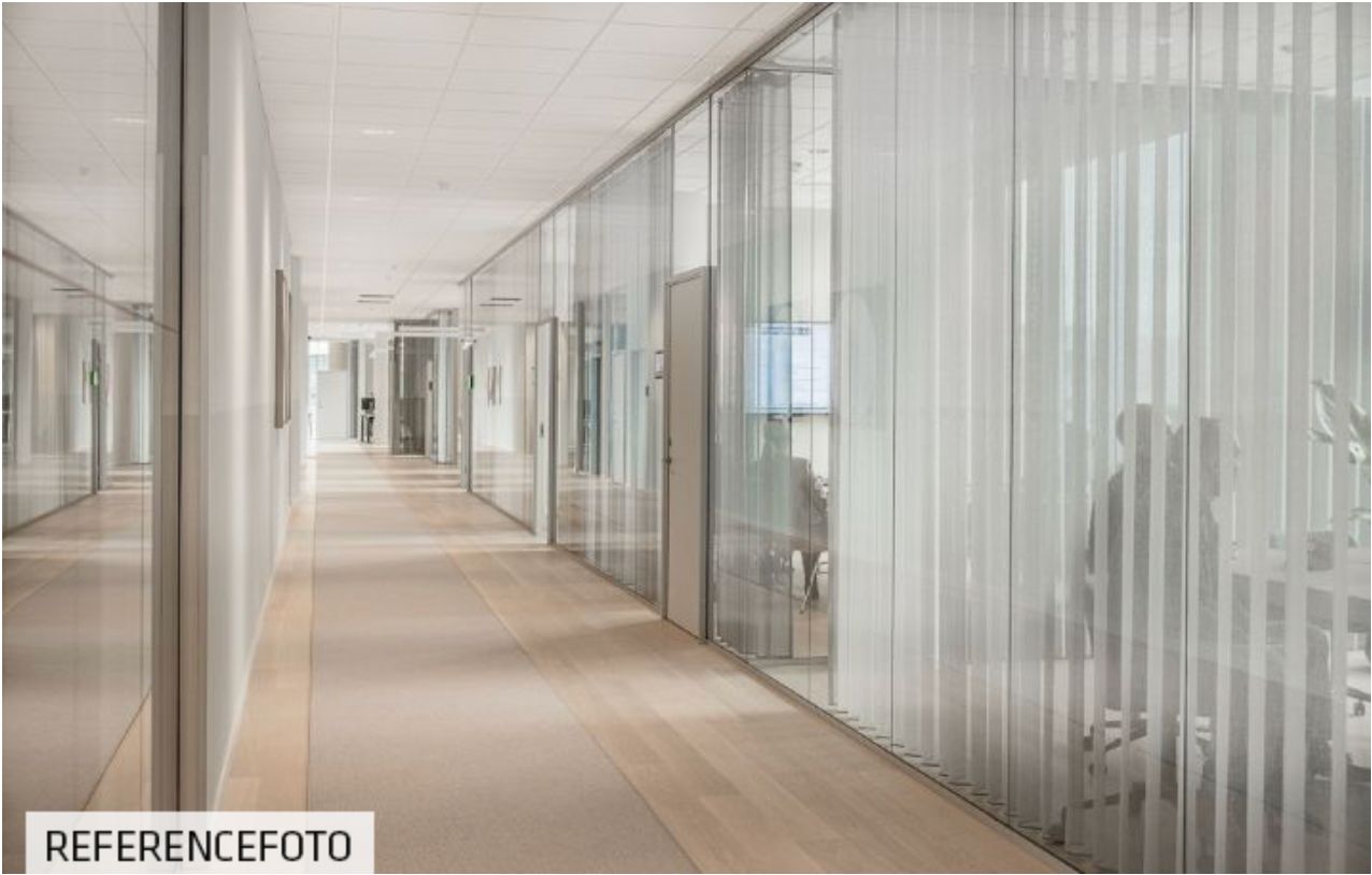 Moderne kontor med hvide vægge og gulv, glaspartier og højt til loftet med slanke profiler