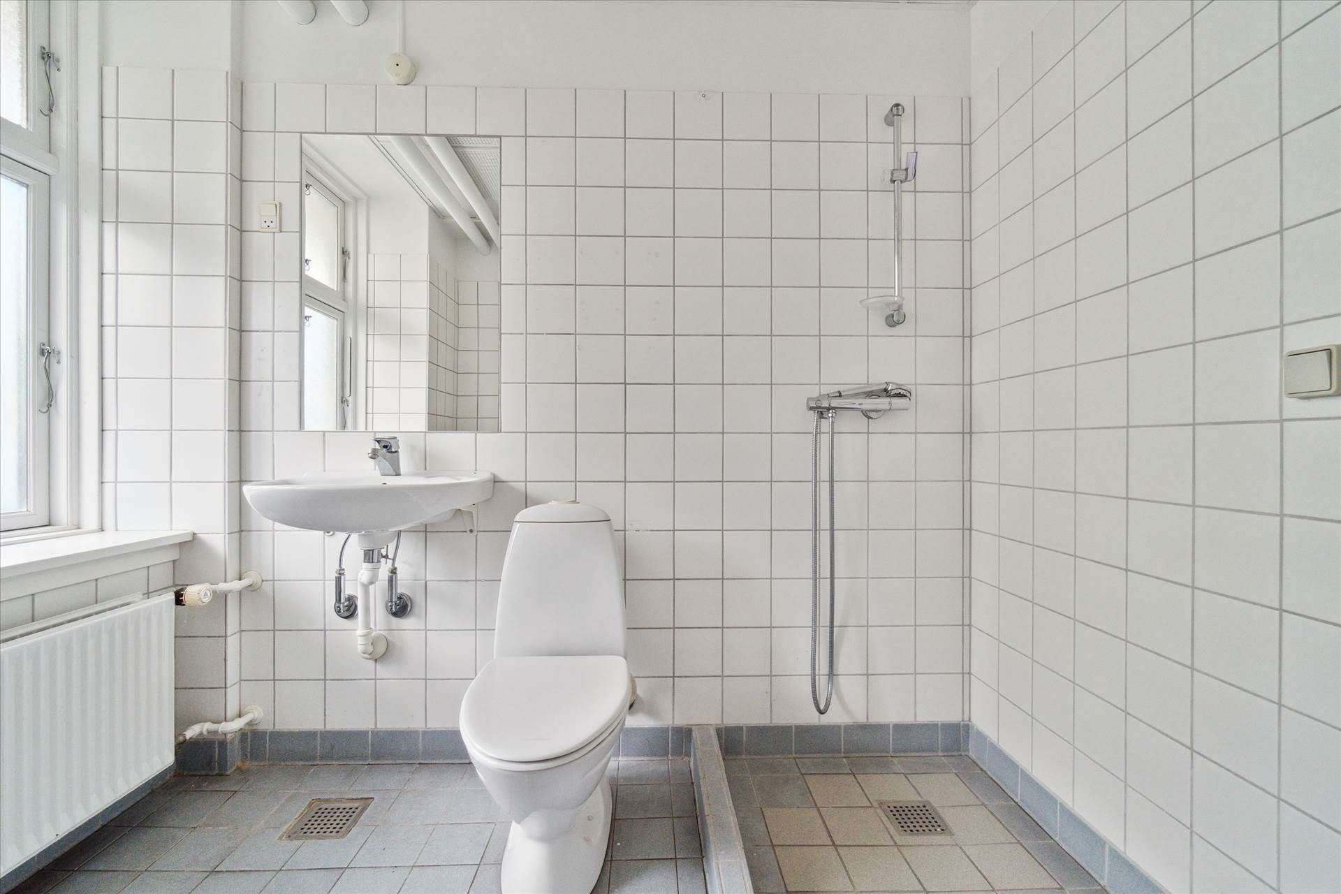 Et lille, hvidt badeværelse med et toilet, et hængende spejl, et radiator og en bruser med en slange.