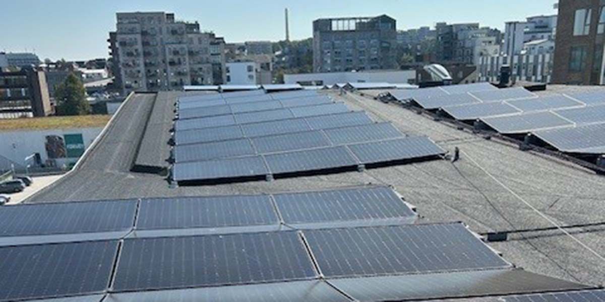 Mange solceller er installeret på et fladt tag i en by. Solcellerne er ordnet i rækker og er rettet mod solen. Bygningerne i