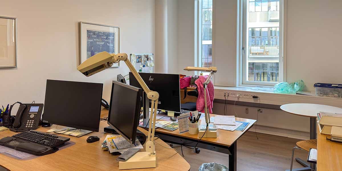 Kontor med skrivebord, to skærme, tastatur, mus og en lampestang i en funktionel indretning med vinduer og udendørs udsigt