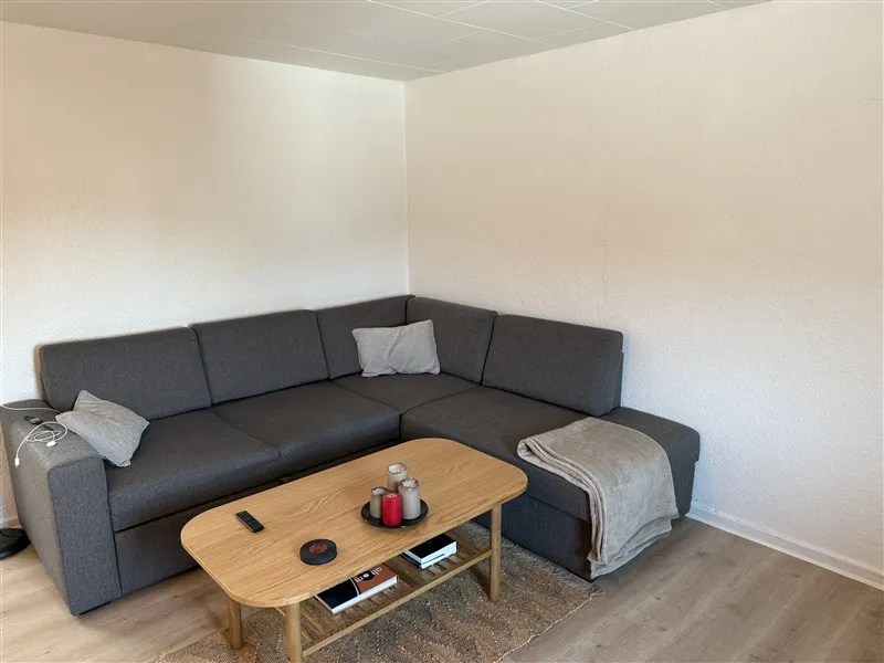 Lommesofa i gråt læder med to pude og simpel sofabord med en bøtte med lyse og træbord.