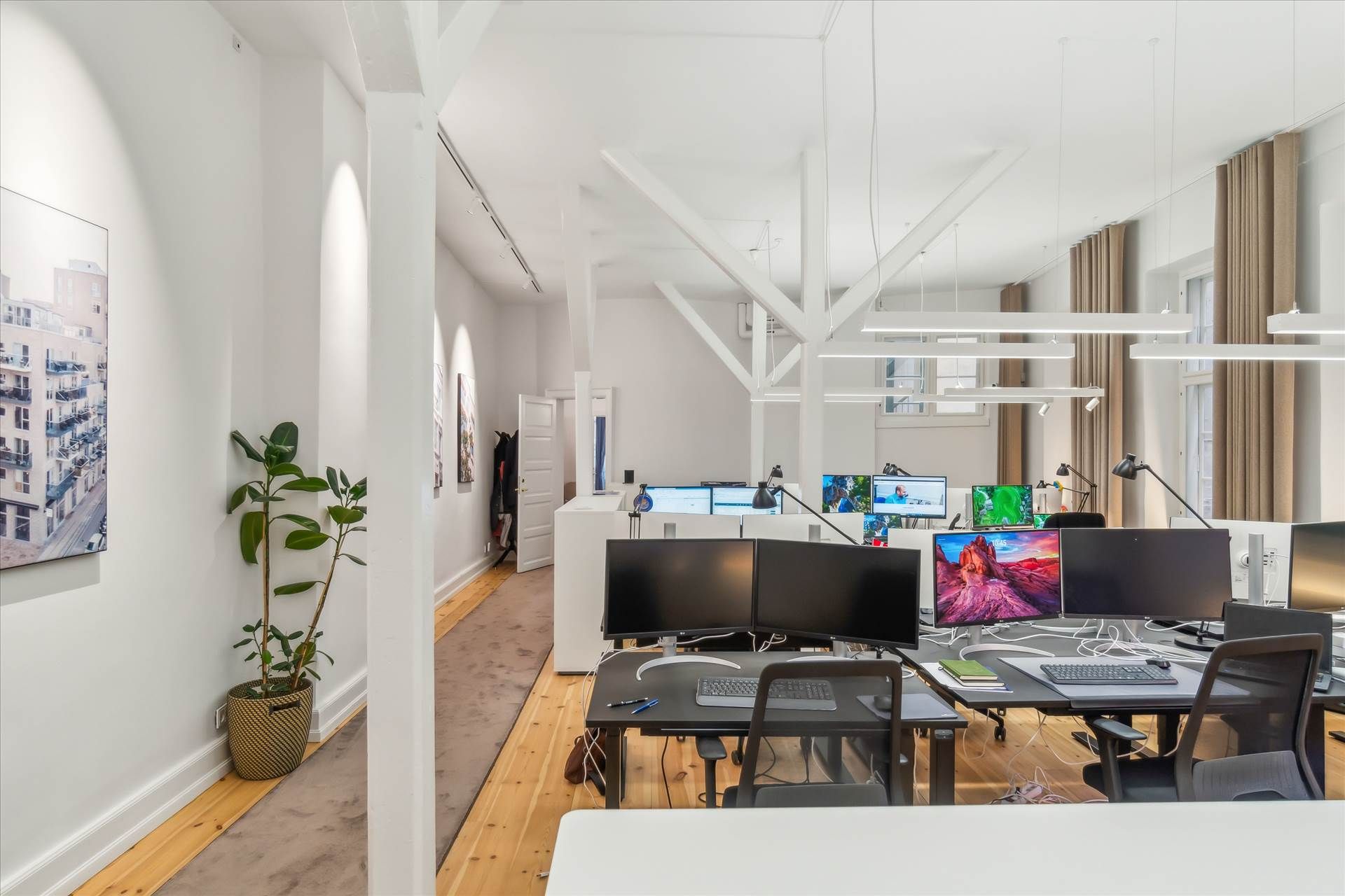 Et arbejdsrum med monitorer og skriveborde samt en plante og lysekroner i loftet