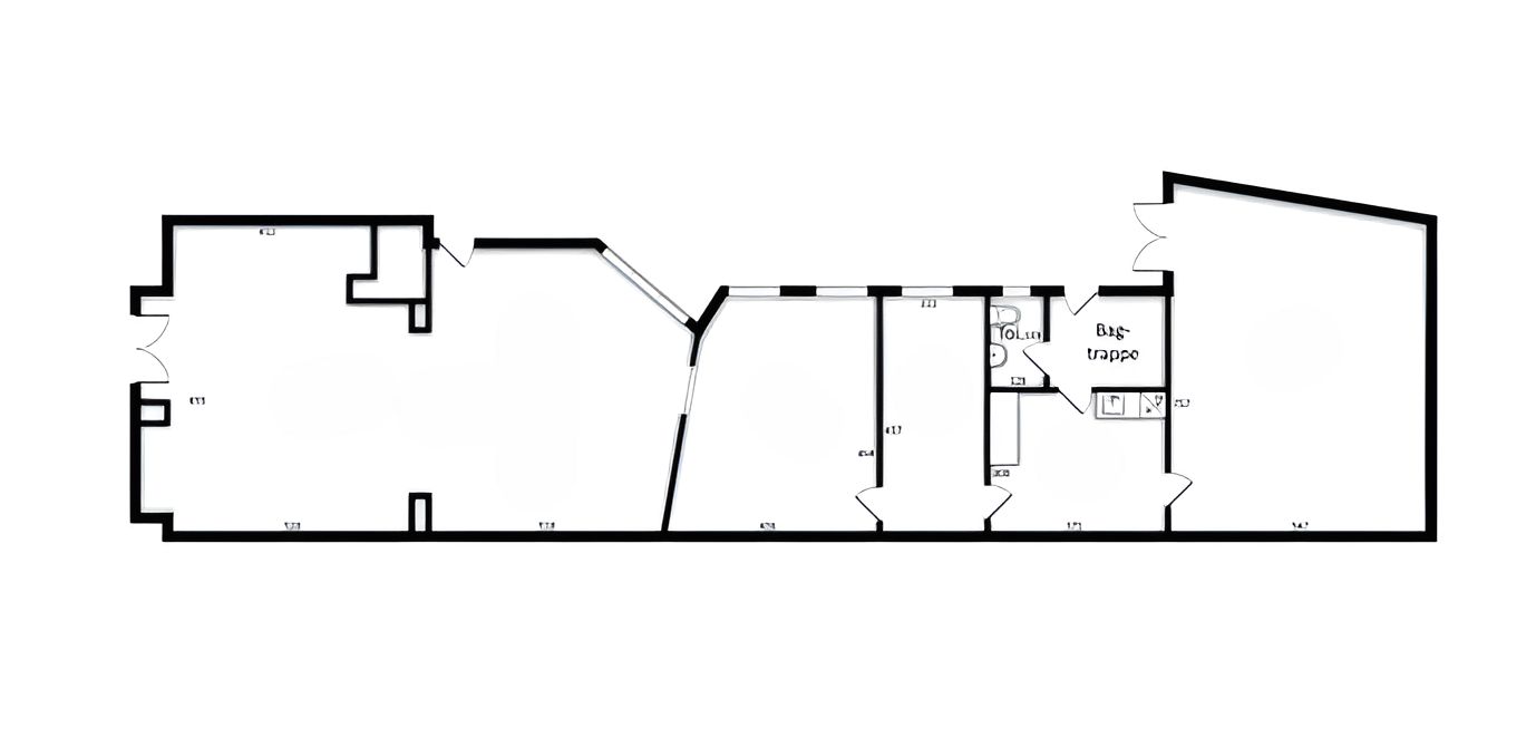 Et grundriss over et erhvervslejemål med flere værelser, badeværelse og tekniske rum, samt placering af badeværelset og