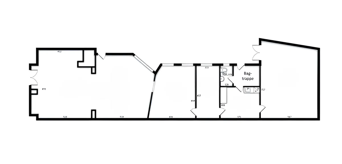 Et grundriss over et erhvervslejemål med flere værelser, badeværelse og tekniske rum, samt placering af badeværelset og