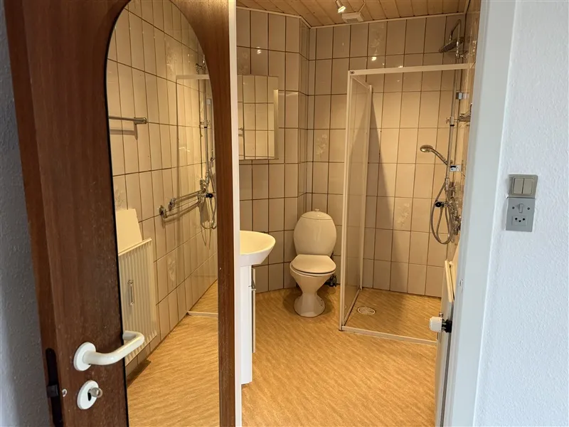 En ren badeværelse med hvidt toilet, skab og radiator samt en åben brusevand og spejl