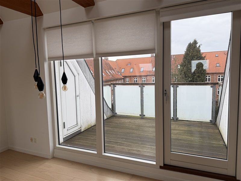 Moderne lejlighed med højloft, trægulv og glasdøre og -ruder med terrasse på et luksusområde i Danmark