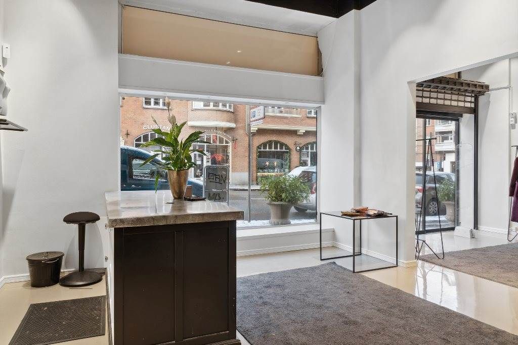 Her ses en ren, moderne lobby med en marmorbar, en plante i vase og to gulvmåtter. Væggene er hvide og gulvet er glat. En