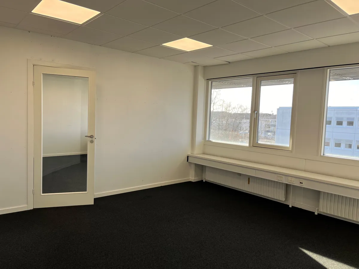 En tom kontorbygning med hvide vægge, højt loft, fire vinduer og dør i højre side. Et gulv med sort gulvtæppe og et hvidt