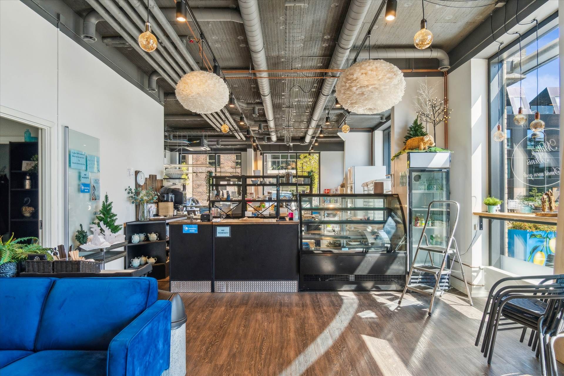 Kaffebar med moderne interiør og lyse lysekopper. Gulvet er lavet af træ og sofaen er blå. Væggen er hvid med flere