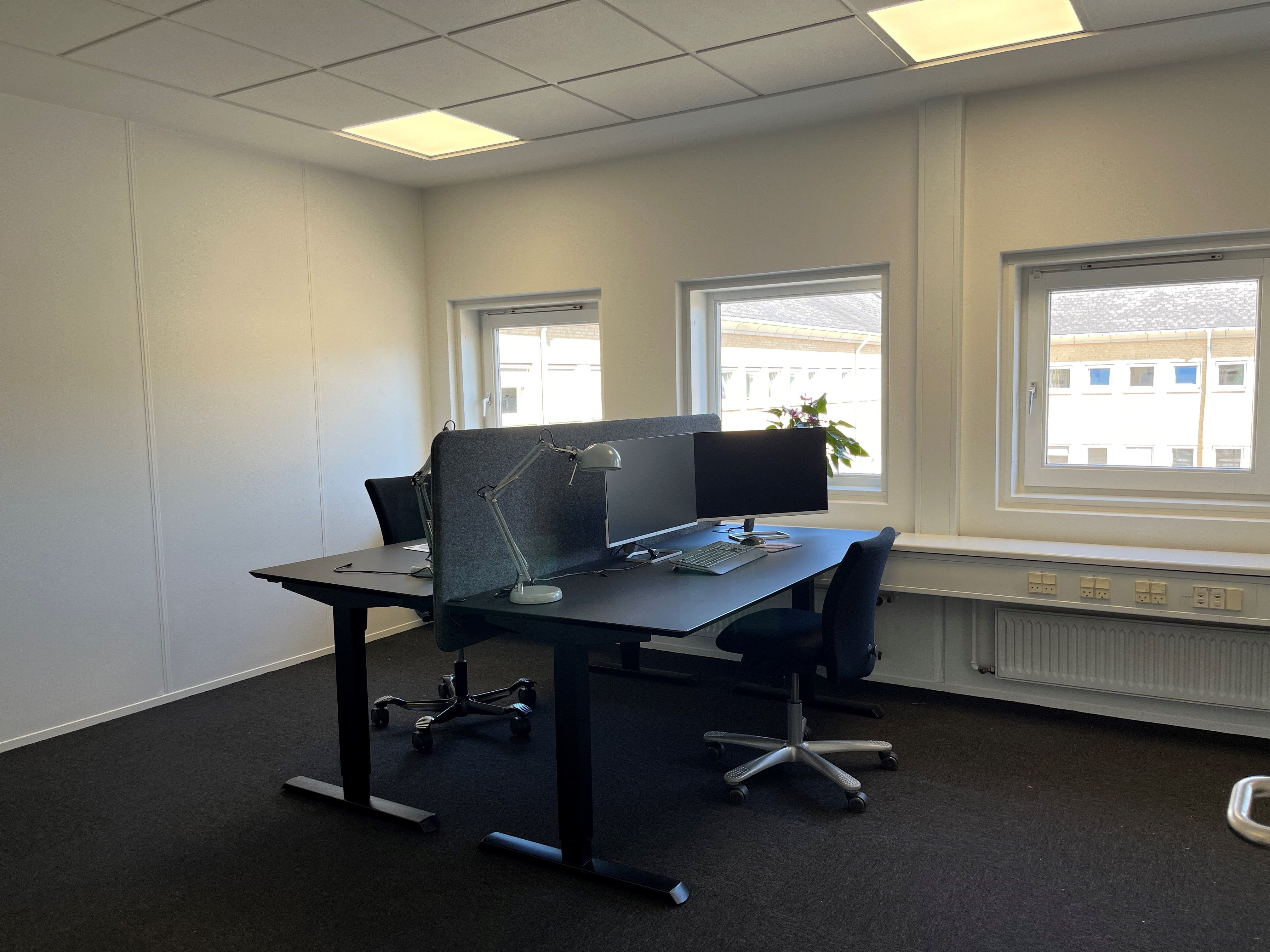 Kontor med to skriveborde, hver med en lysegrå stol, en lampeskærm og to skærme, samt en blomst på vindueskarme