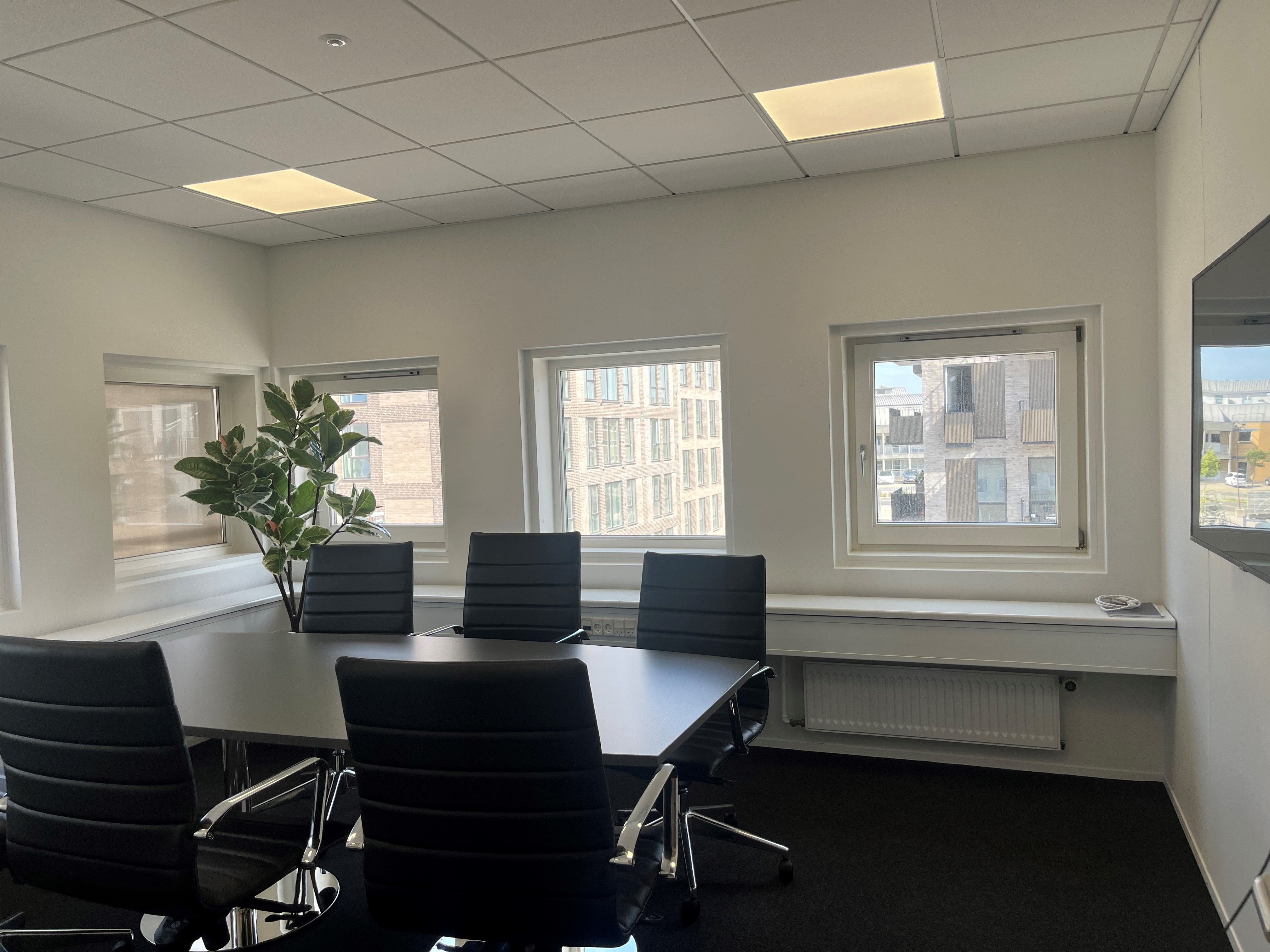 Kontor med tre vinduer, møbler, fællesbord, plante, radiator og et tv-apparat i hjørnet