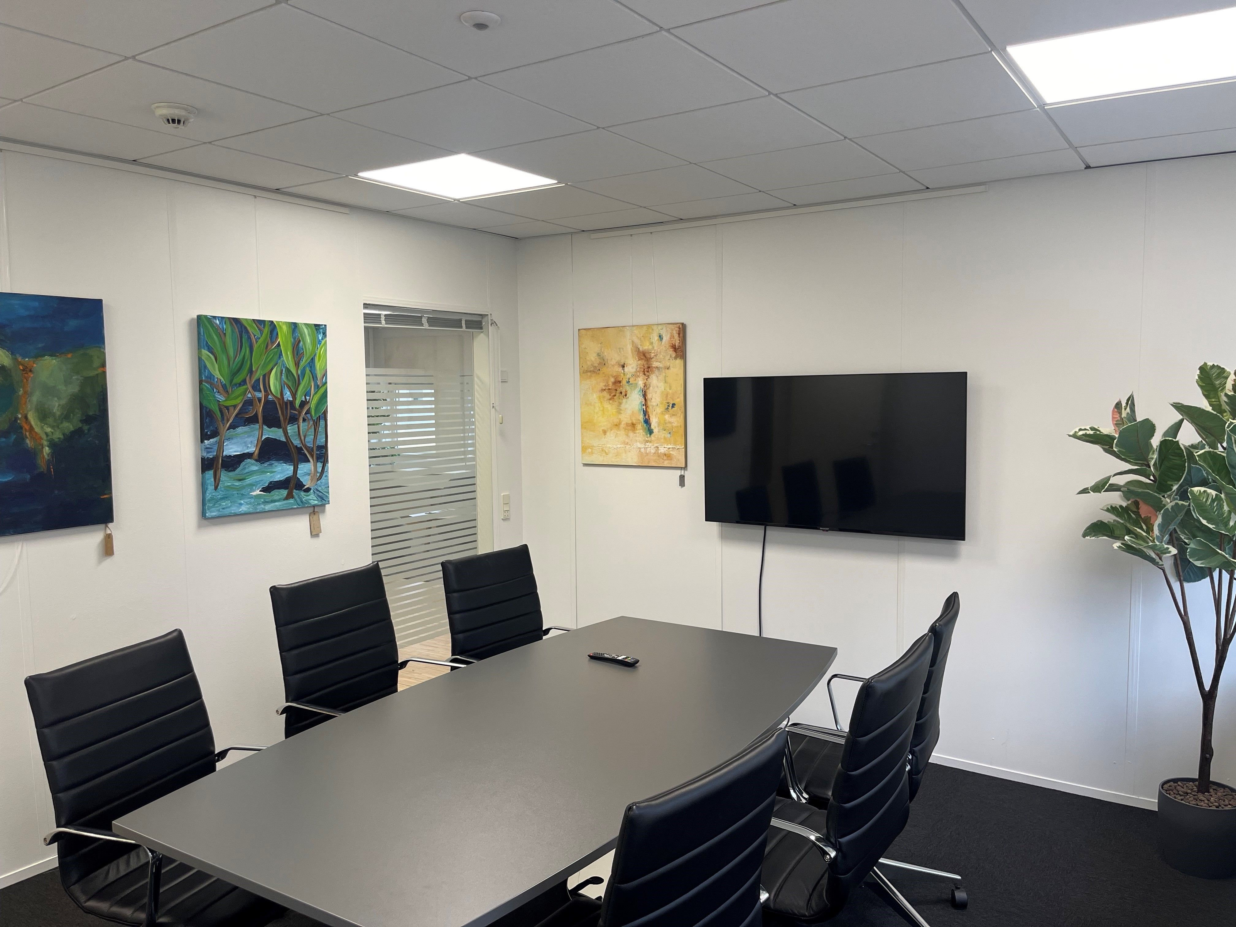 Kontor med mødebord og stole, fjersyn og tre malerier. Væggene er hvide, og der er et større kunstværk med plante.