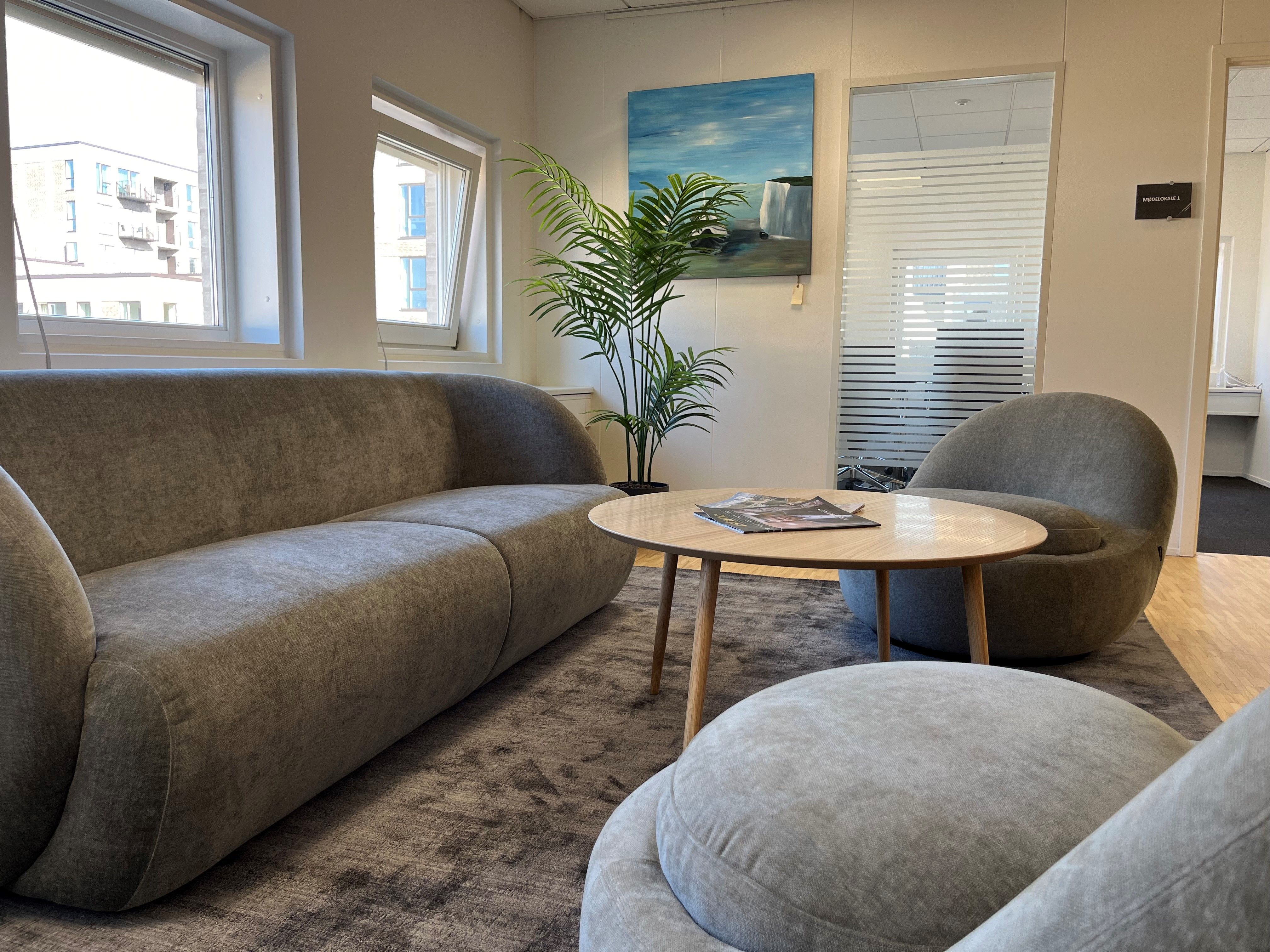 Kontorlokaler med runde sæde, et runde træbord med blade og en plante i hjørnet