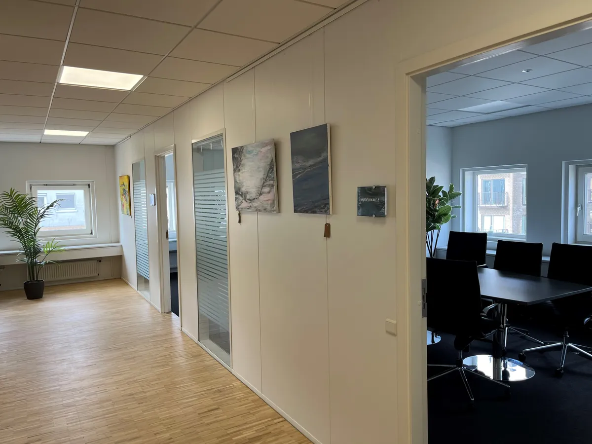 Kontor med hvide vægge, trægulv og glasdøre, møbler, kunstværker og planter, samt en stor udgangsdør