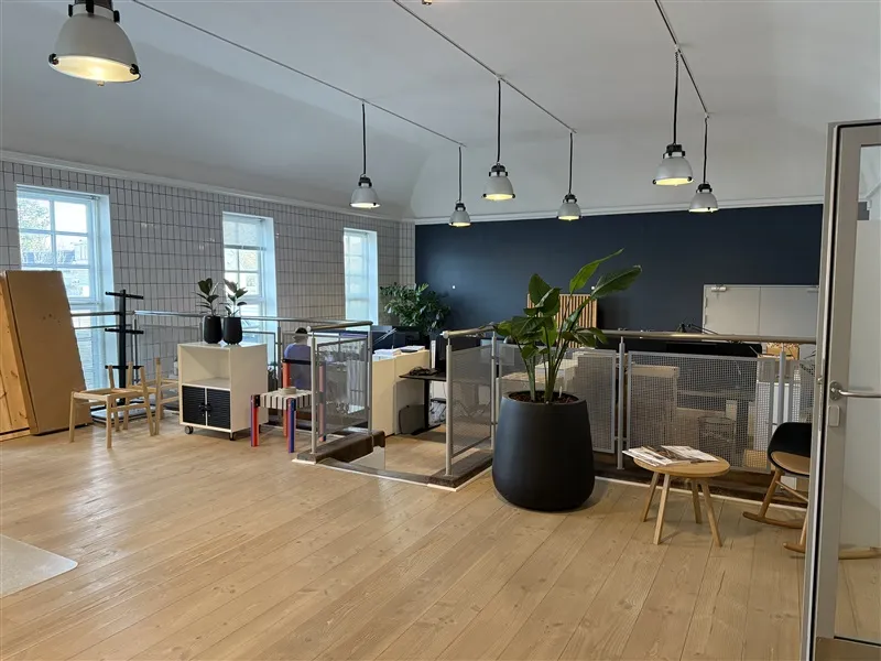 Kontor med højt loft, loftslamper og trægulv med plantepotter og stole i minimalistisk design