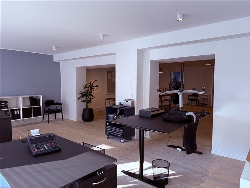 Kontor med højt loft og lyse vægge, møbler inkluderer borde, skrivemaskine, og en plante i en sort potte, samt en række