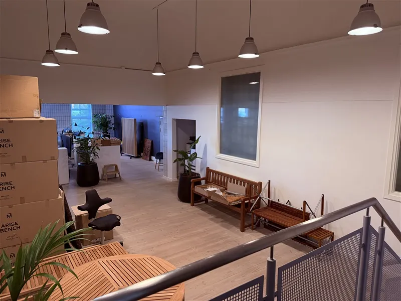 Stort lokale med møbler og lysekroner på loftet, plante i stå, to bænke og stol samt flere kasser på gulvet