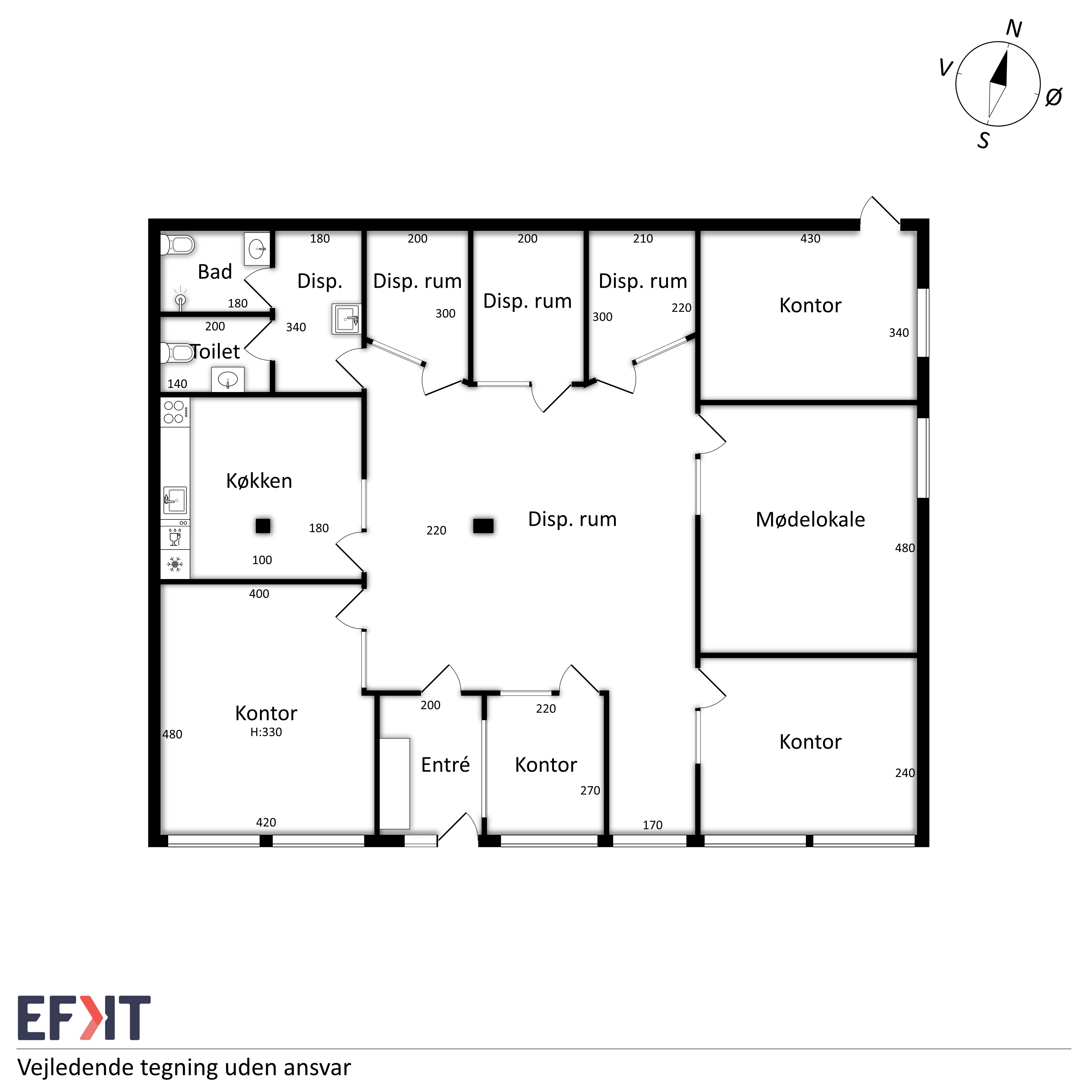 Grundplan for et lejlighedsværelse med toilet, køkken, entre, modelokale og kontor.