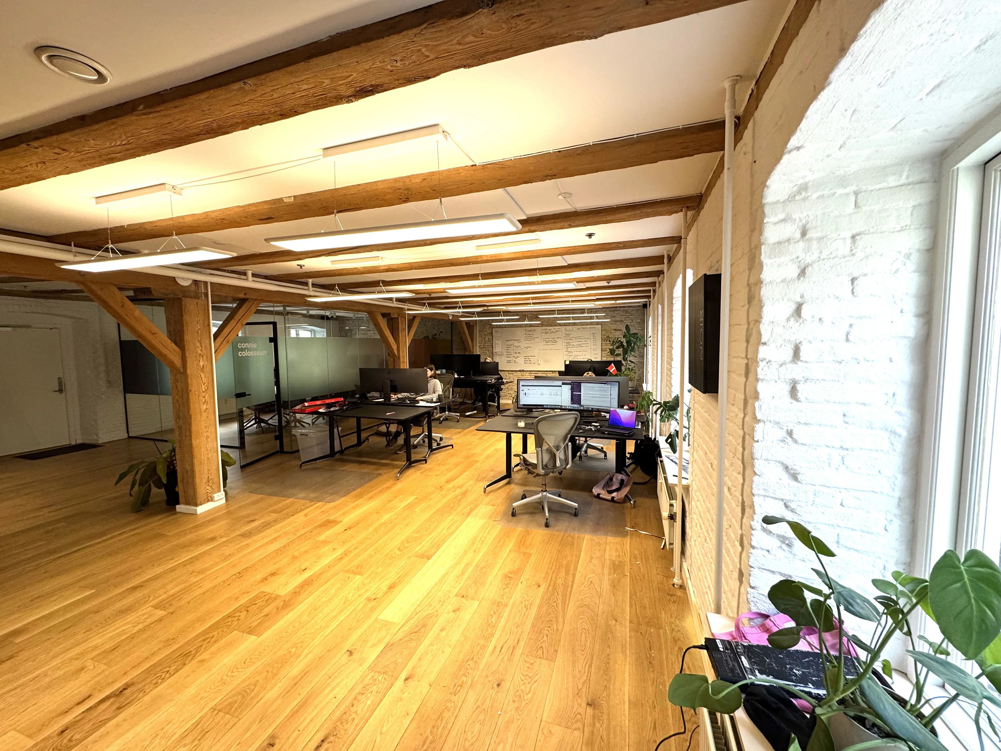 Kontorlokaler med træbjælker og hvide vægge. Kontorbord med to skærme og skrivebordsstol. Planter og lysekroner.