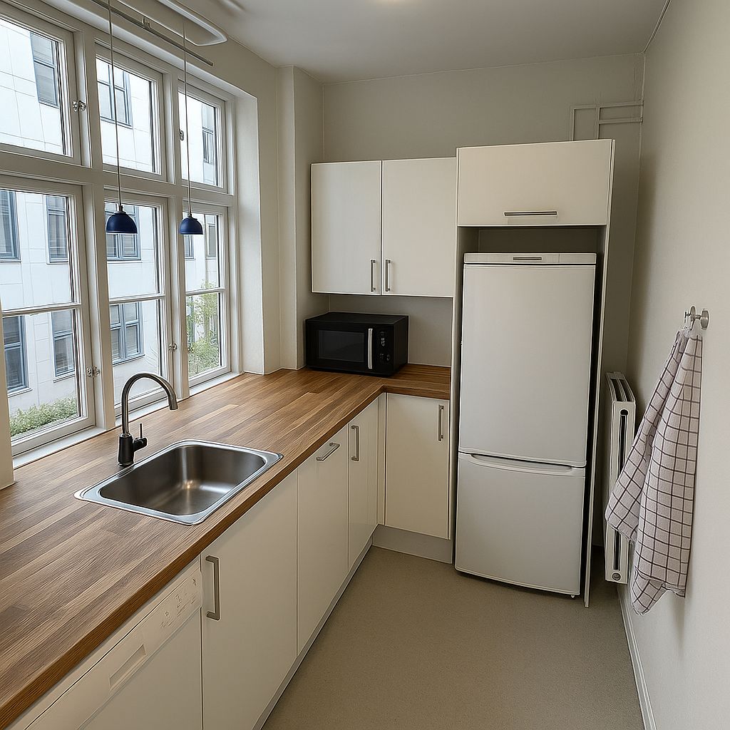 Hvidt køkken med lysevinduer, trækøkkenbord, indbygget køleskab og mikroovn samt en hængende køkkenklæde og tørretumbler