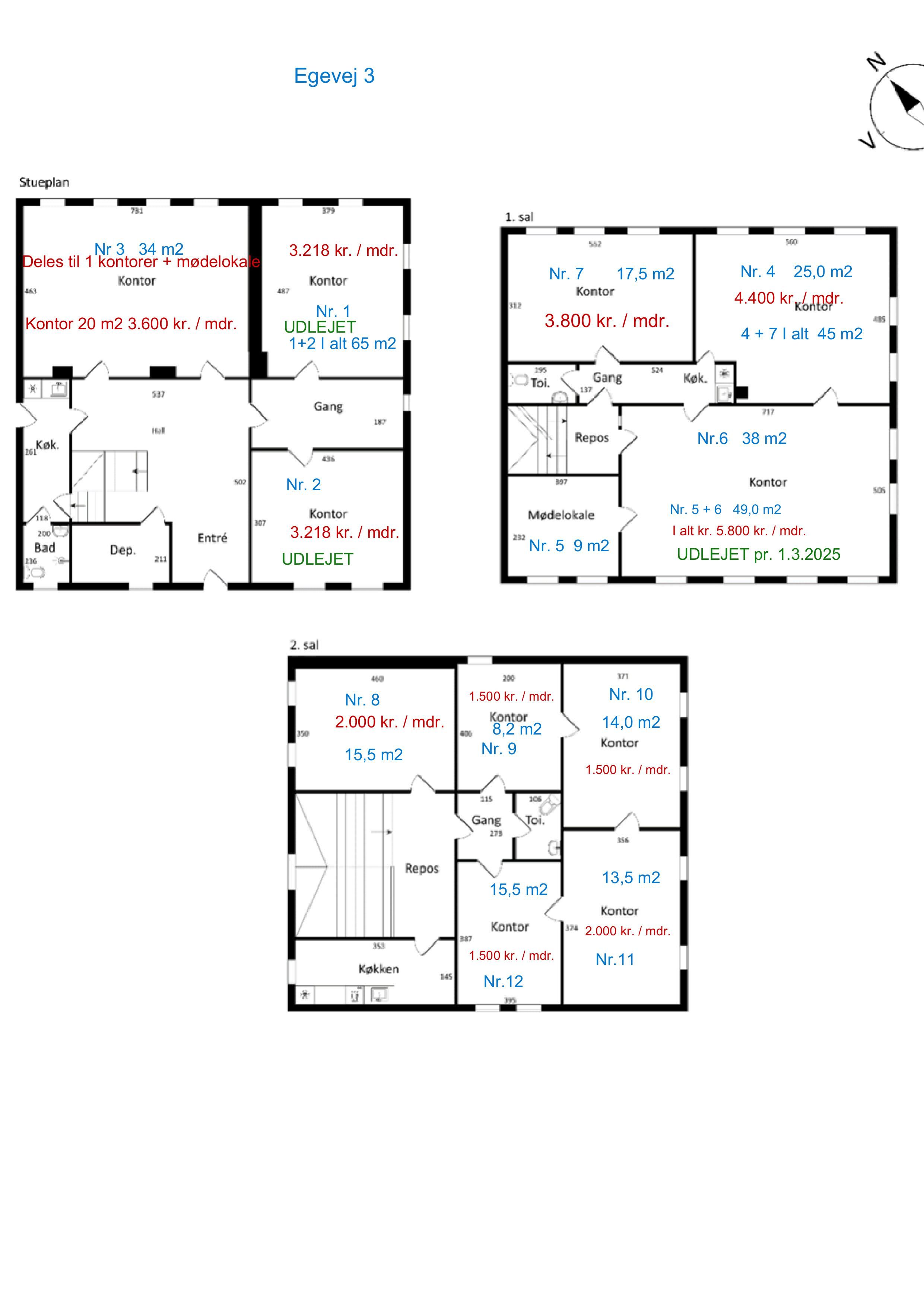 Tegning af Egevej 3 med detaljer om lejlighederne, værelsestal, størrelser og priser for hver lejlighed