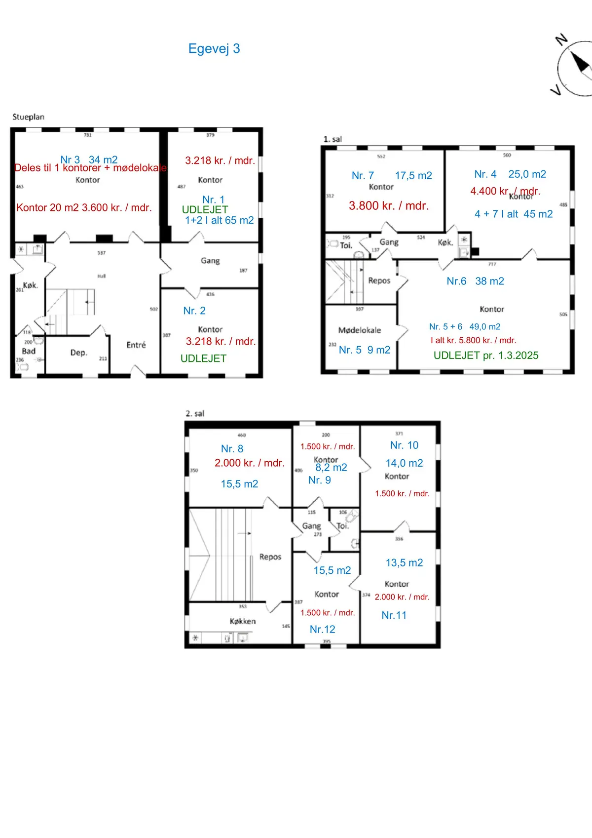 Tegning af Egevej 3 med detaljer om lejlighederne, værelsestal, størrelser og priser for hver lejlighed
