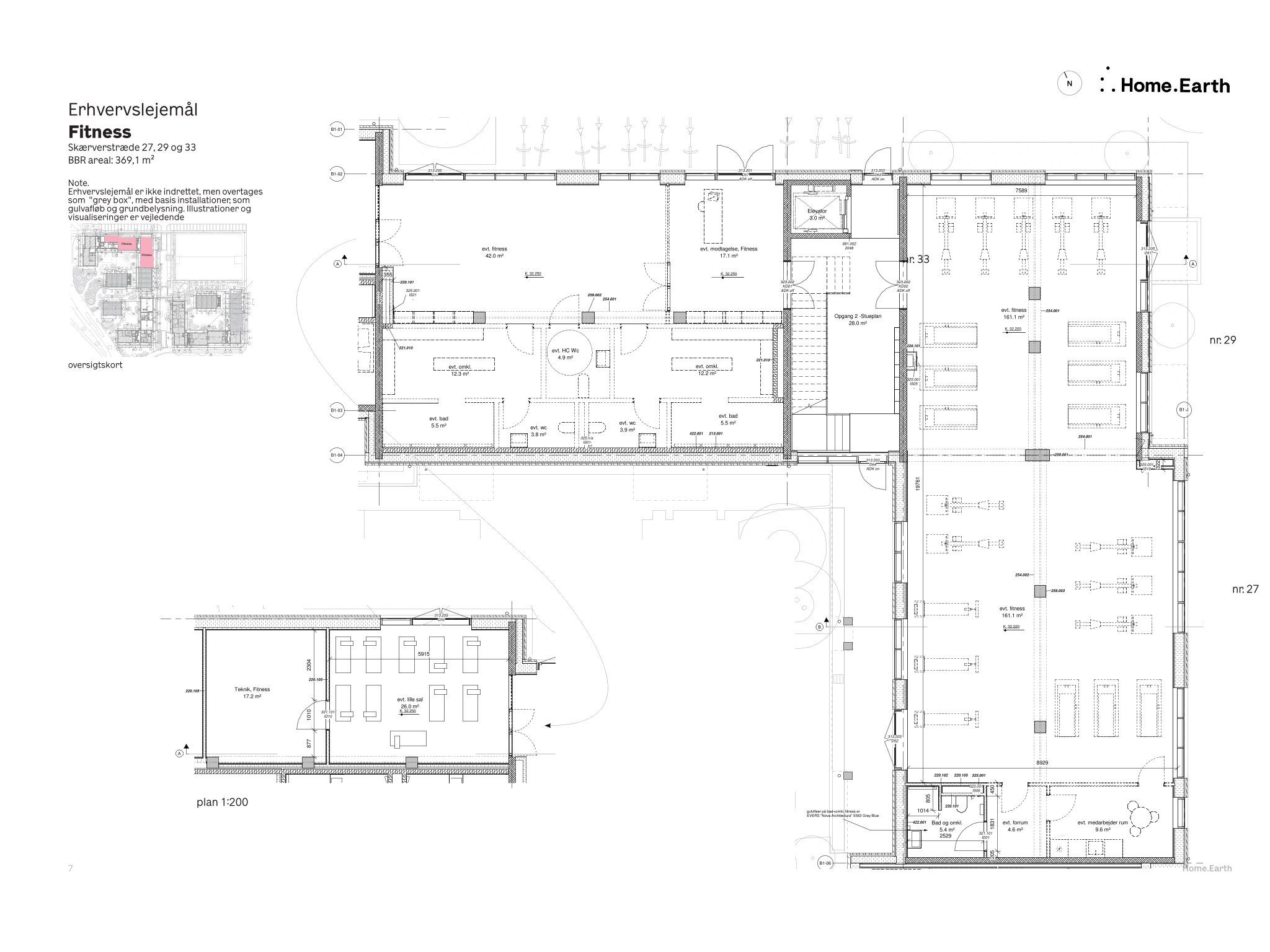 Tegning af en fitnessklub med 29.33 m², 369,1 m² BBR-areal og 27.29 og 33 skanvenstræde