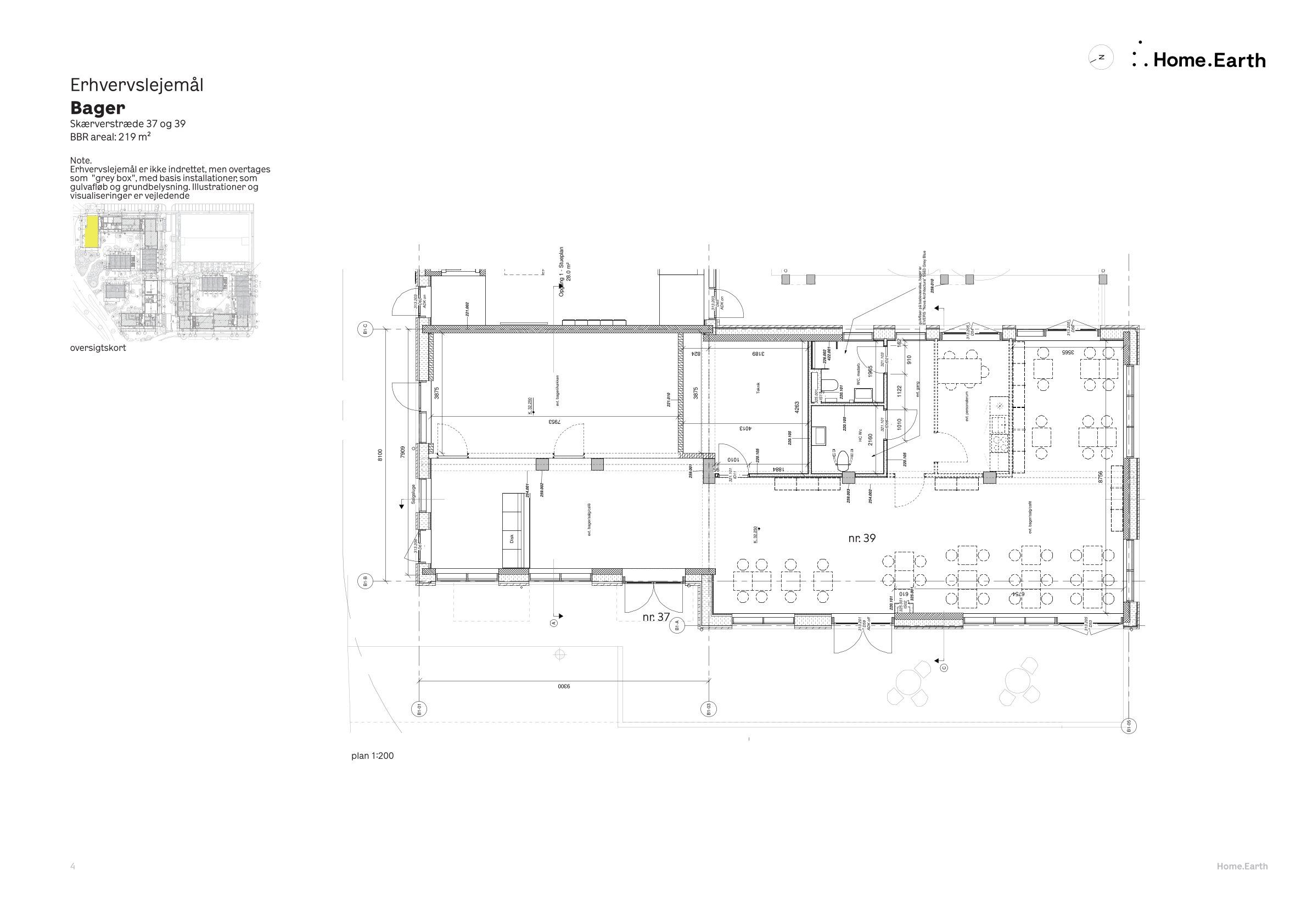 Tegning af en bygning med 219 kvm på Skærverstræde 37, viser en grundplan og et oversigtskort over bageren