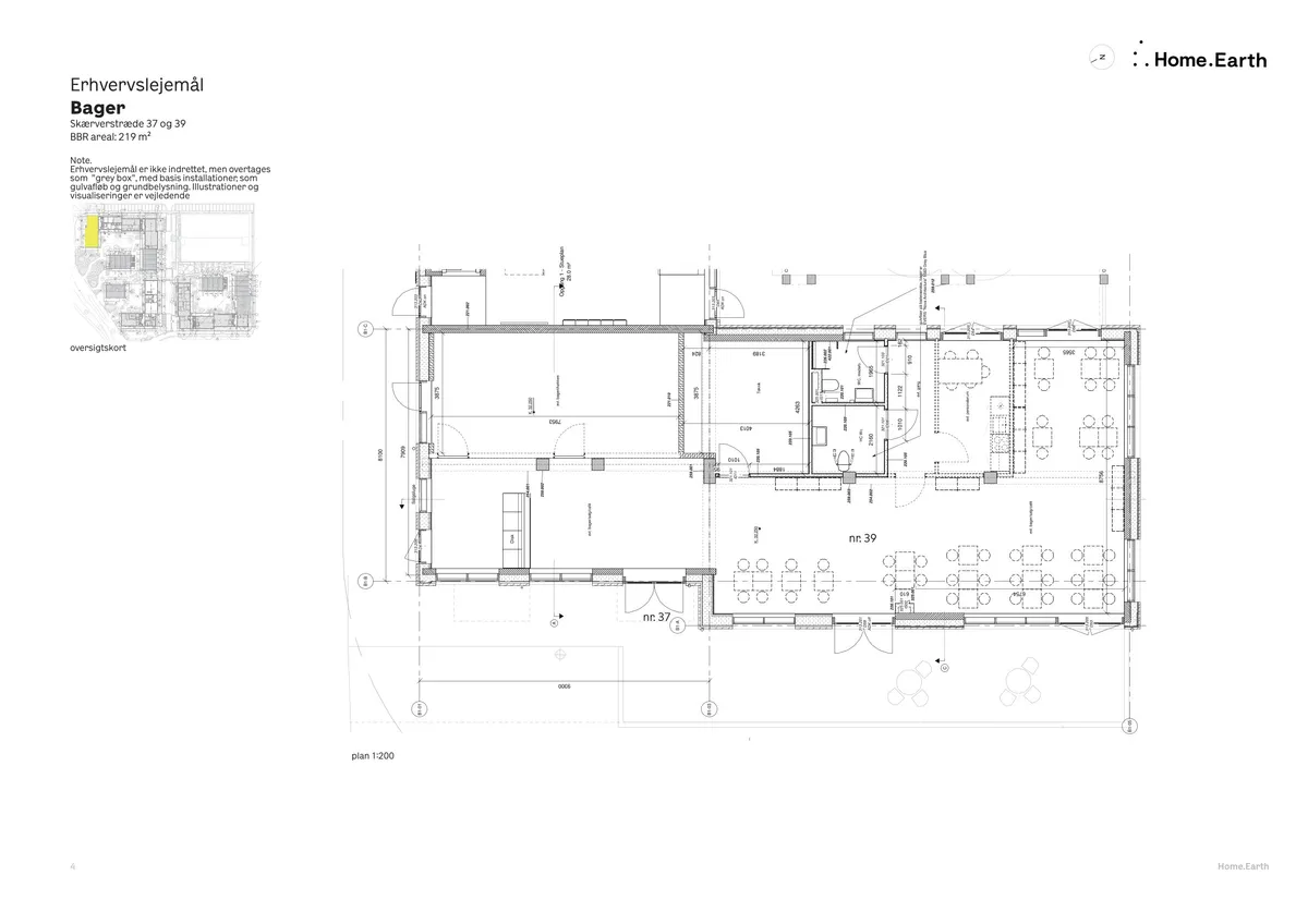 Tegning af en bygning med 219 kvm på Skærverstræde 37, viser en grundplan og et oversigtskort over bageren
