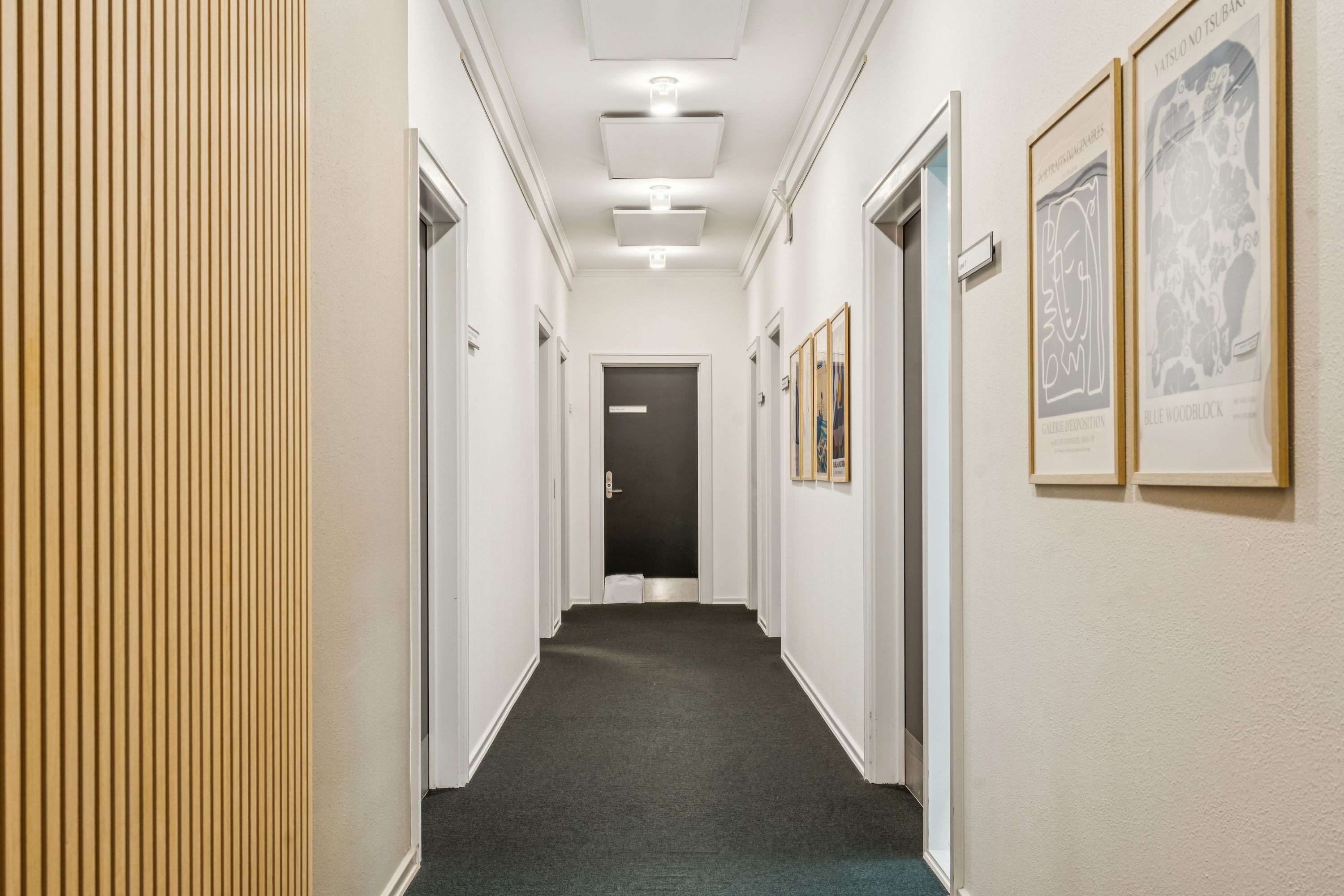 En kort korridor med mønstret væg, lysekroner, tre kunstværker og to døre i hvidt og guld