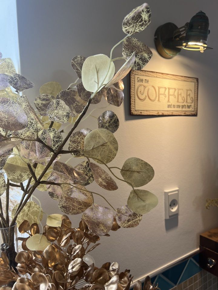 Plante med lyserøde og grønne blade i en vase og en væg med lyselampe og en skilt med teksten "Give me coffee and no one