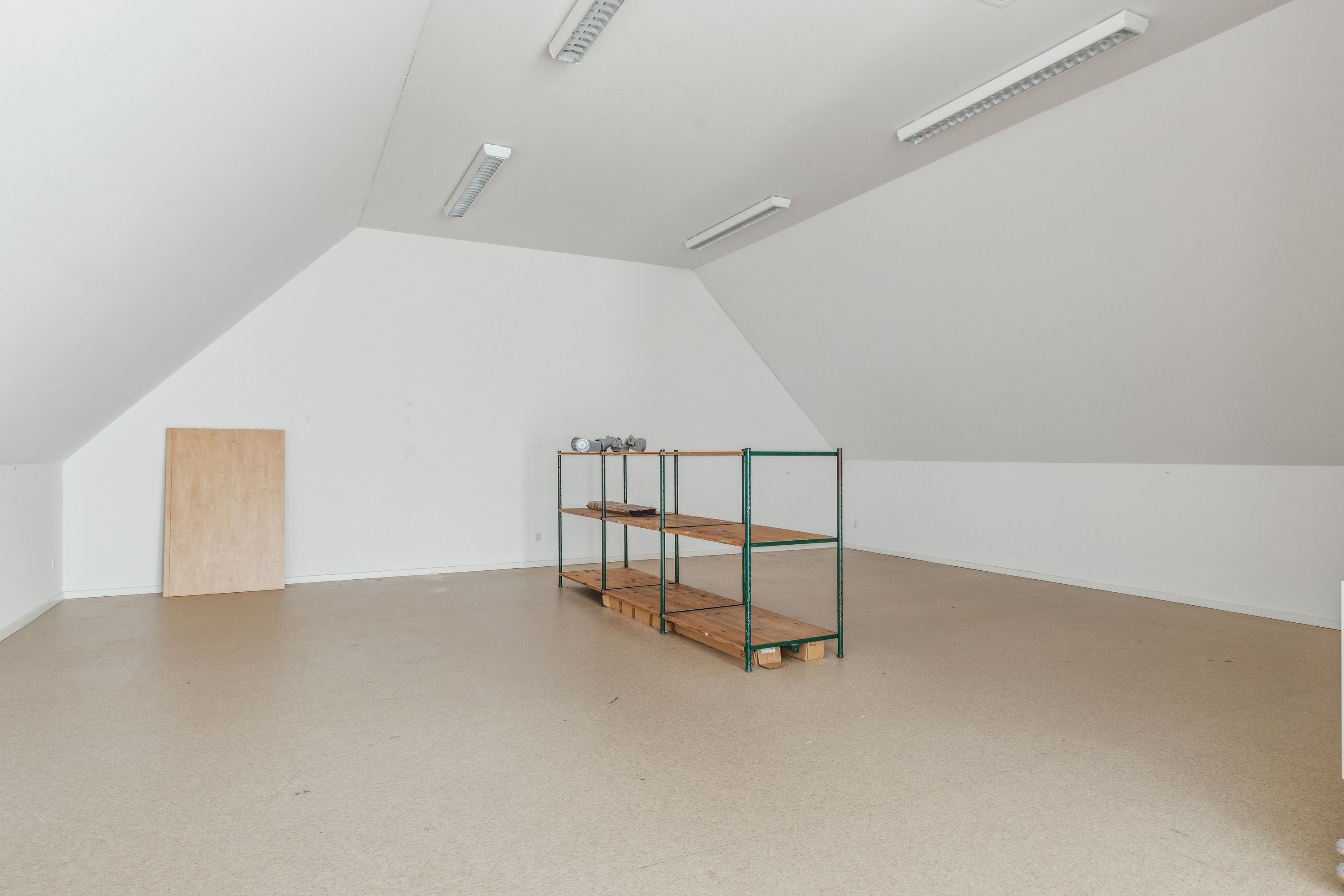 Et tomt værelse med hvide vægge og loft samt en stor gulvfladeskab og en åben dør