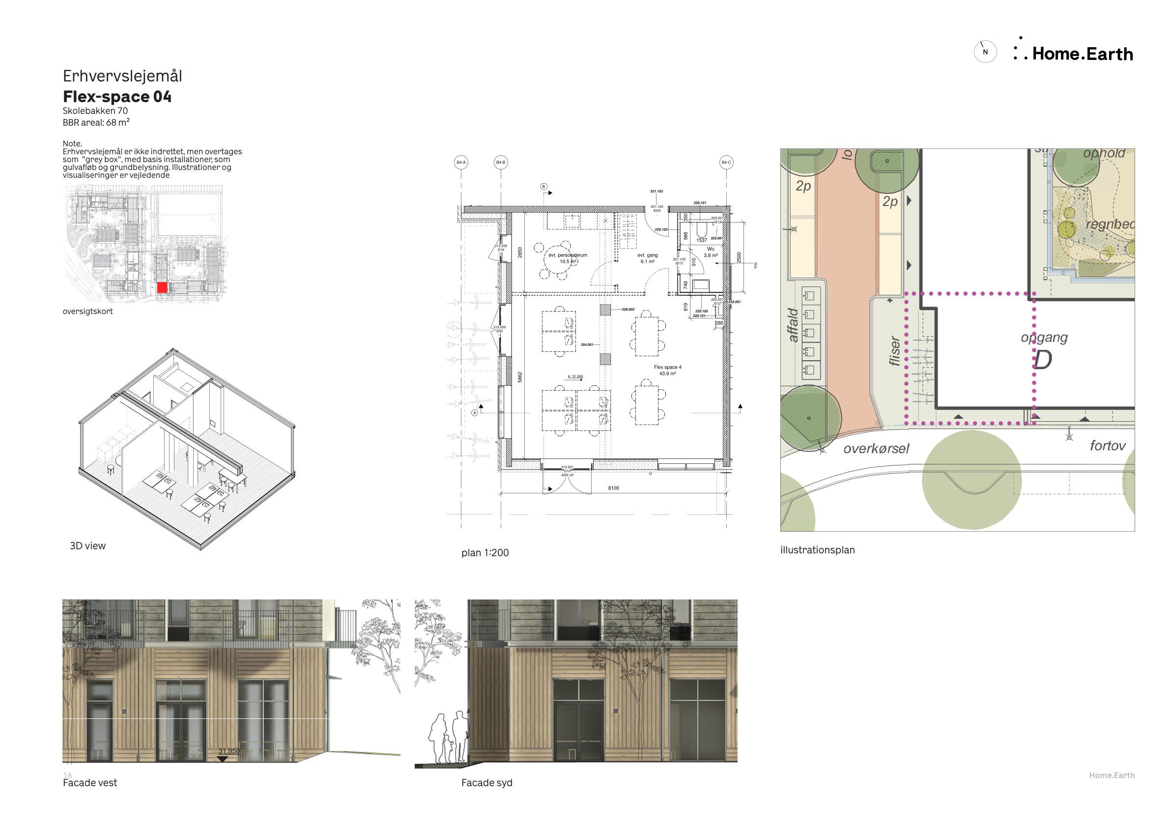 Tekst: Erhvervslejemål Flex-space 04. Planer, facader og 3D-visning af et bygningsprojekt med illustrationer og tekniske